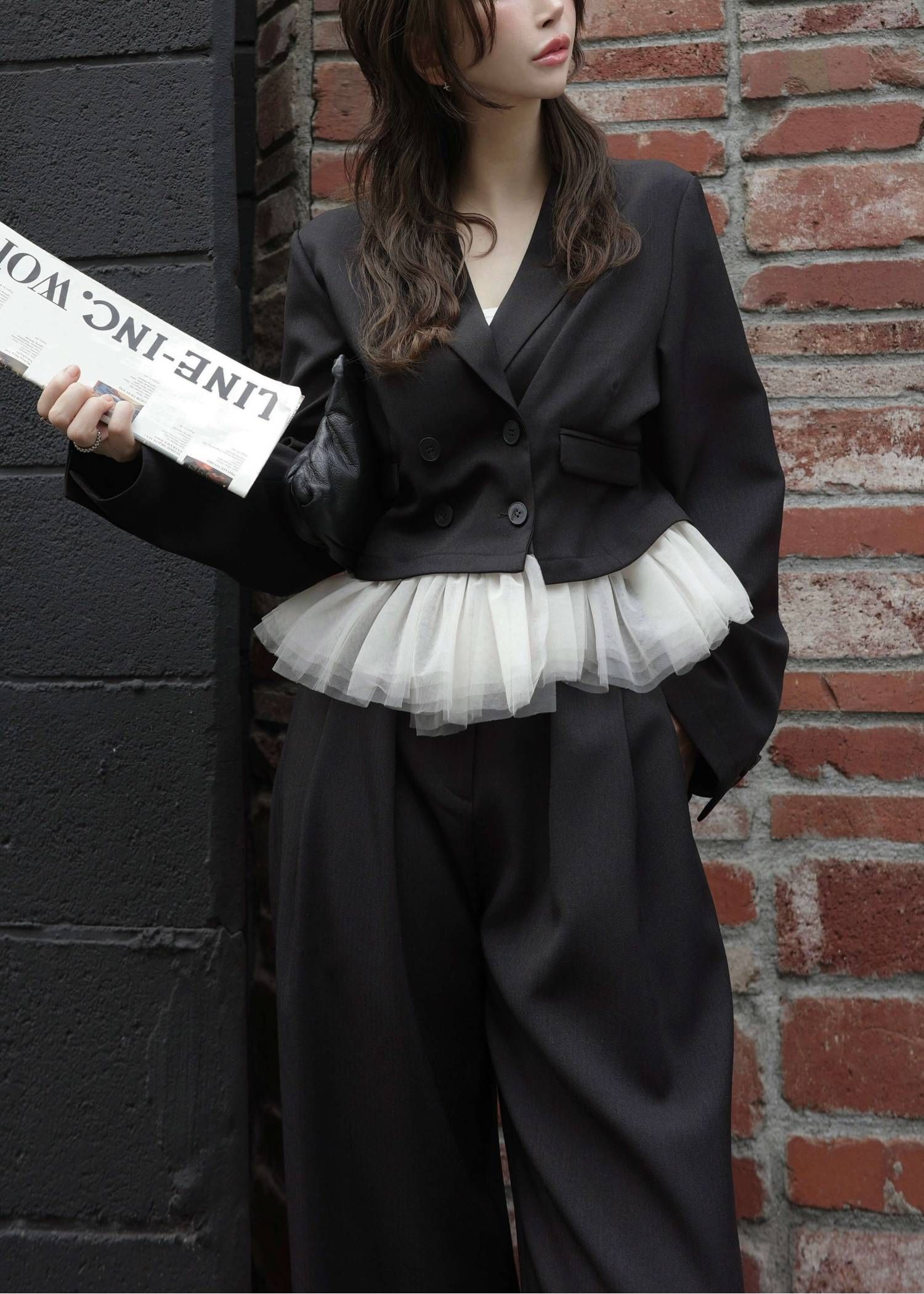 ペプラム チュール クロップド テーラードジャケット (ブラック) detachable peplum tulle cropped tailored JK (Black) /  26AW