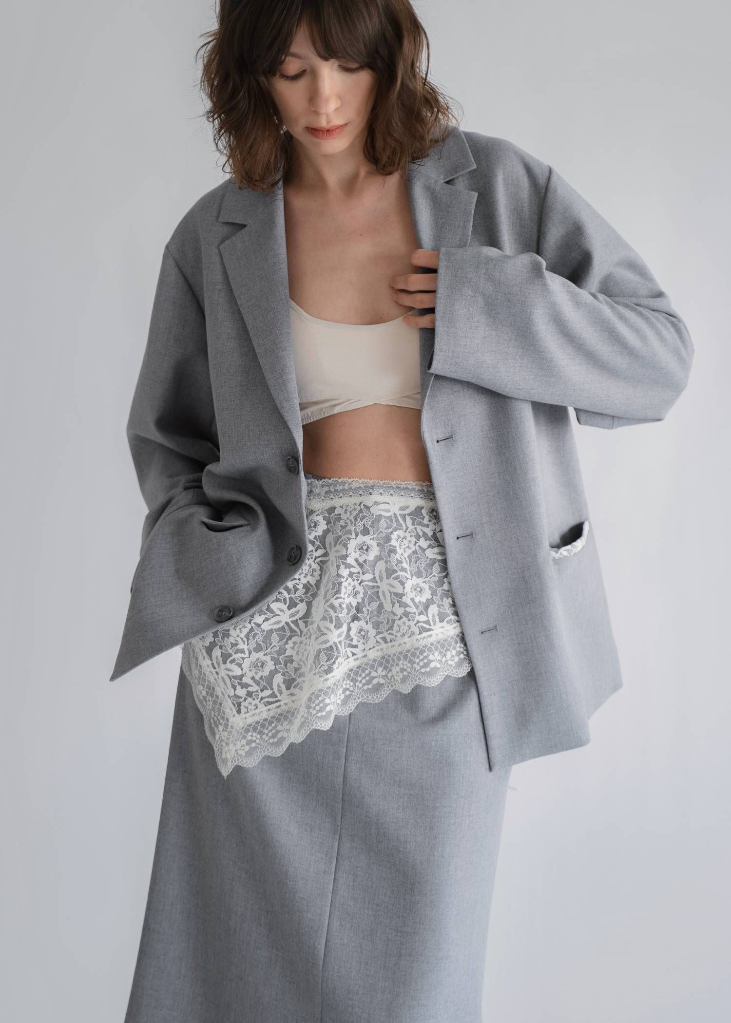 アレンジレース ジャケット (ライトグレー) arrangement lace shawl oversize JK (Lgray) /  26SS