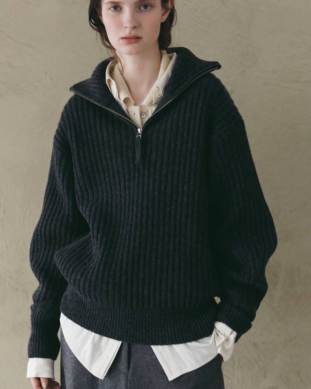 ハーフジップリブニット (チャコールグレー) Halfzip Rib Knit (Charcoal gray) / 26AW 【6月29日まで期間限定予約】