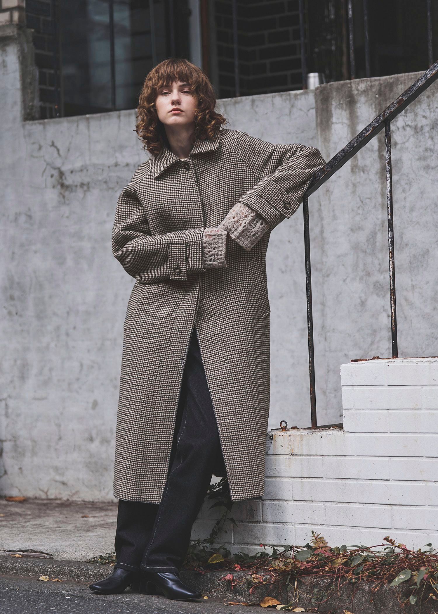 hound tooth soutien collar quilting coat / ハウンドトゥース ステンカラーコート (ミックス) / 25AW /