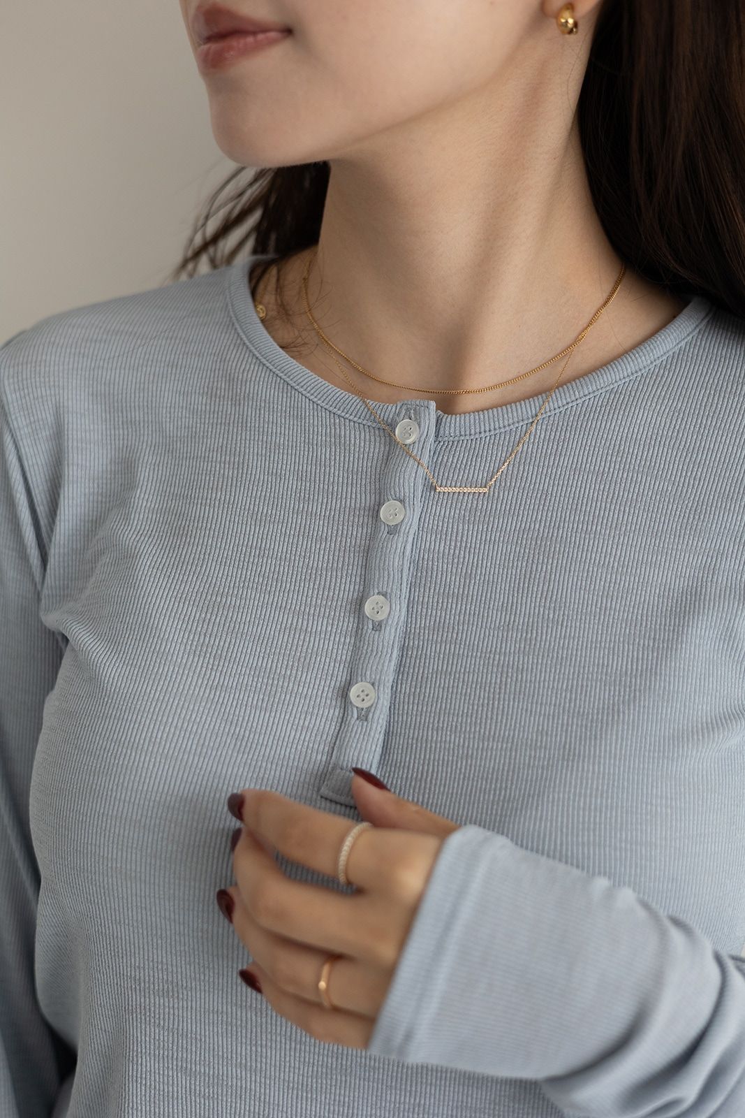 ヘンリーネックリブカットソートップス (スカイブルー)  Henley neck top (SkyBkue) /  26SS