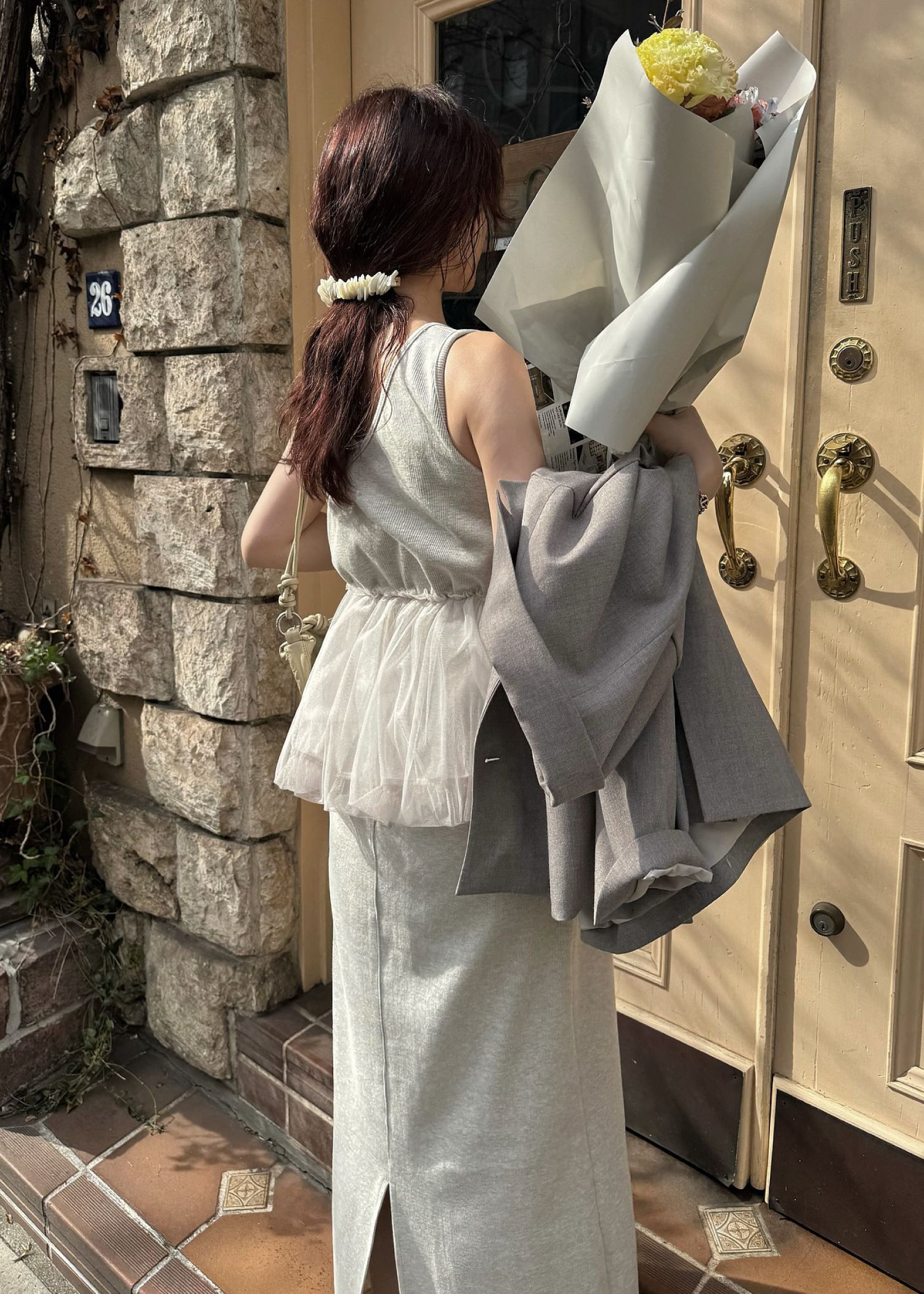 tulle peplum docking rib OP (Oatmeal) / チュールペプラムワンピース (オートミール) / 26SS