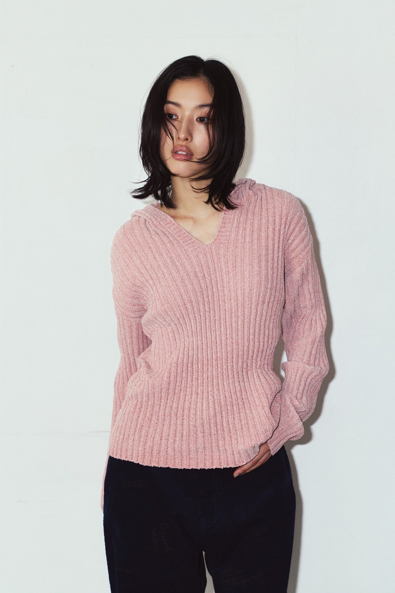 ブークレ ニット フーディ (ピンク) rib hoodie boucle knit (Pink) / 26AW