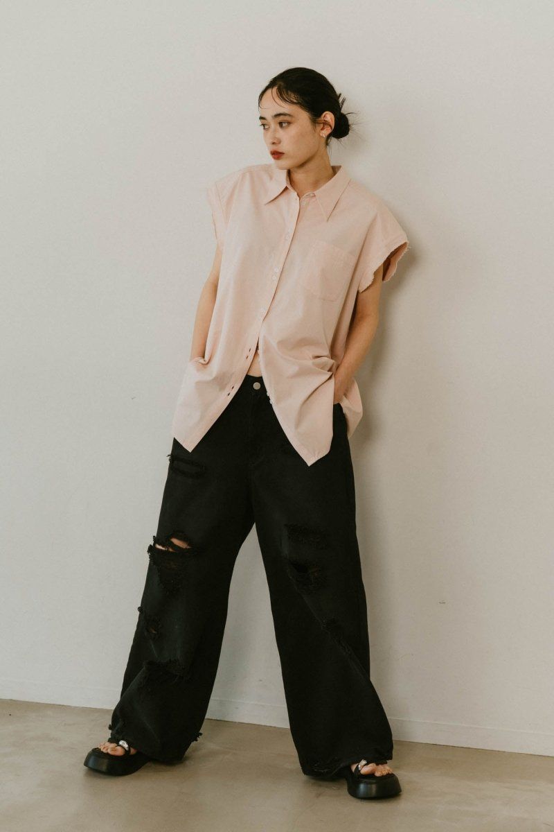 Knuth Marf - stripe label nosleeve shirt / ストライプ ラベル