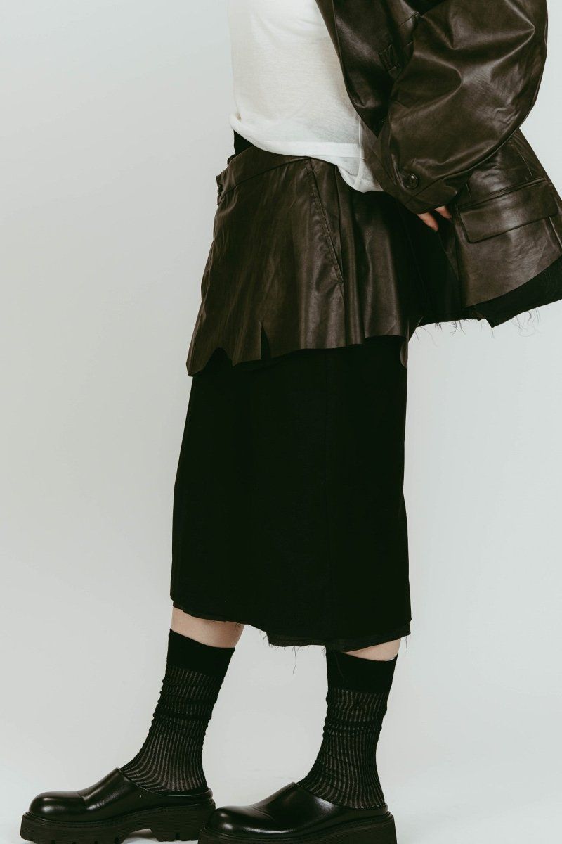 cut layered mid length skirt (Leatherblack) / レイヤード ミディアム丈スカート (レザーブラック) / 26SS
