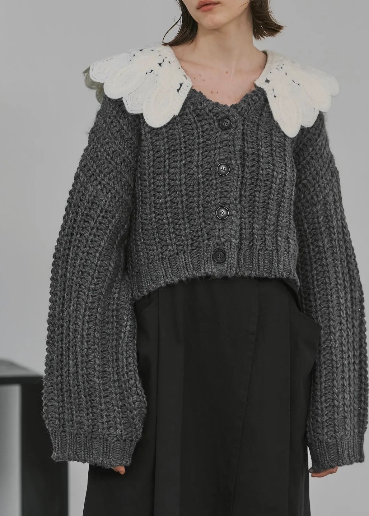 motif collar removal knit cardigan / モチーフカラー ニットカーディガン (チャコール) / 25AW
