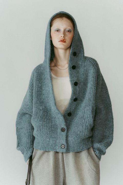 フーデッド カーディガンニット (ブルー) hooded cardigan knit
