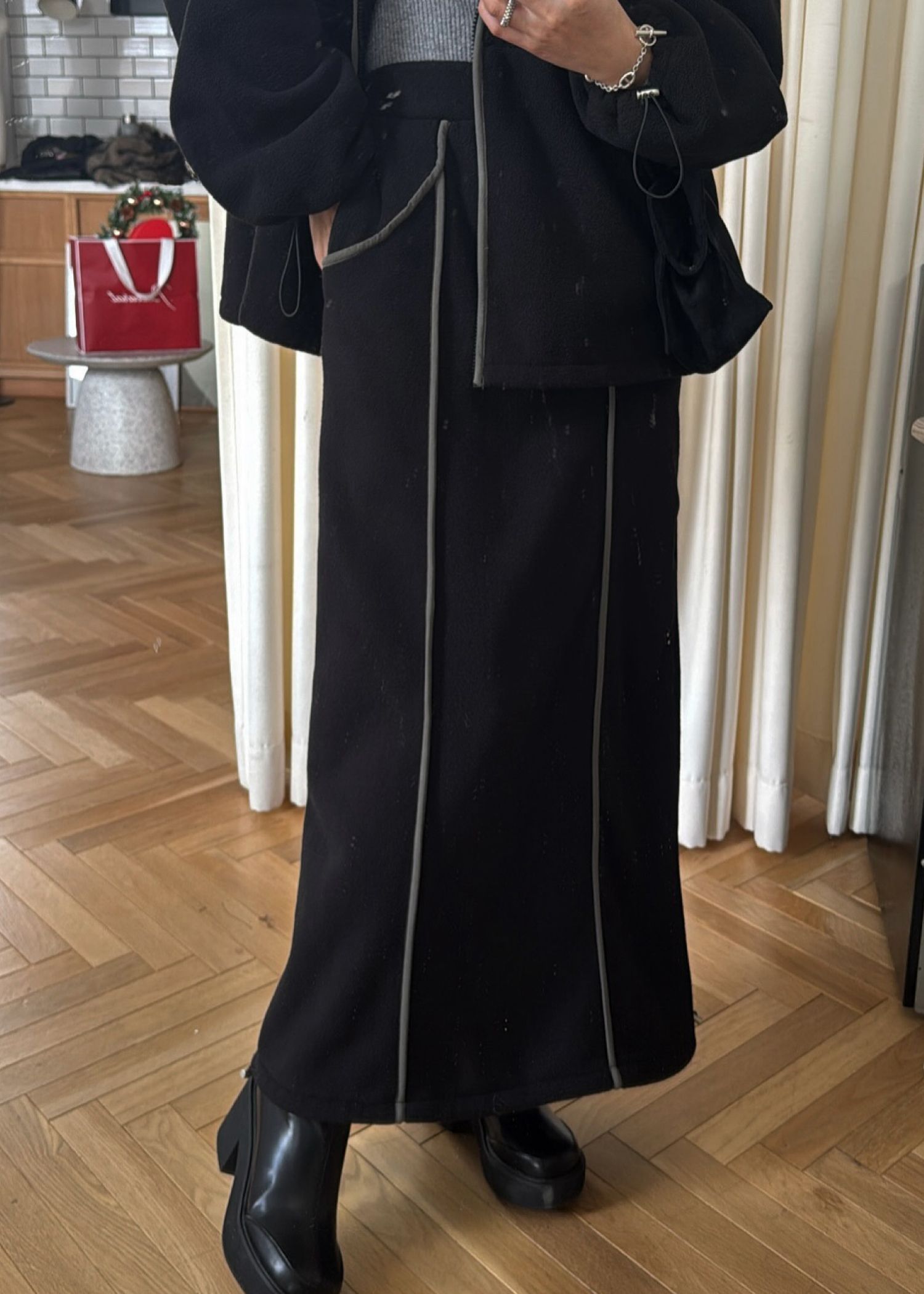 fleece drawstring bi color piping SK / バイカラー フリーススカート (ブラック) / 25AW /