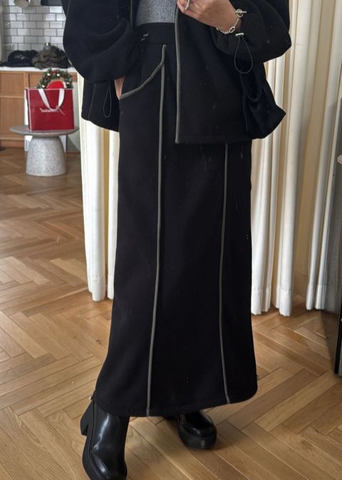 fleece drawstring bi color piping SK / バイカラー フリーススカート (ブラック) / 25AW /