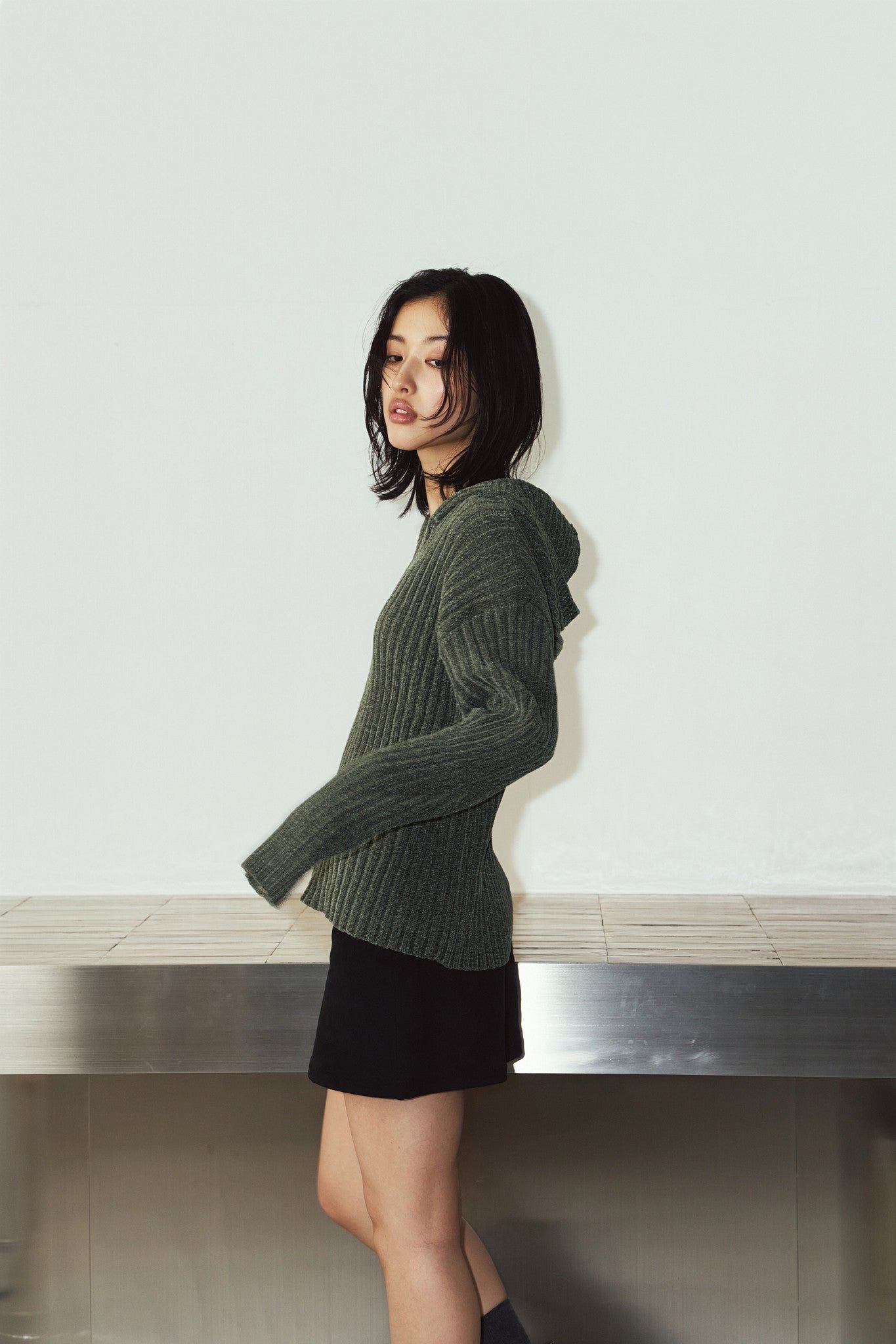ブークレ ニット フーディ (カーキ) rib hoodie boucle knit (Khaki) / 26AW