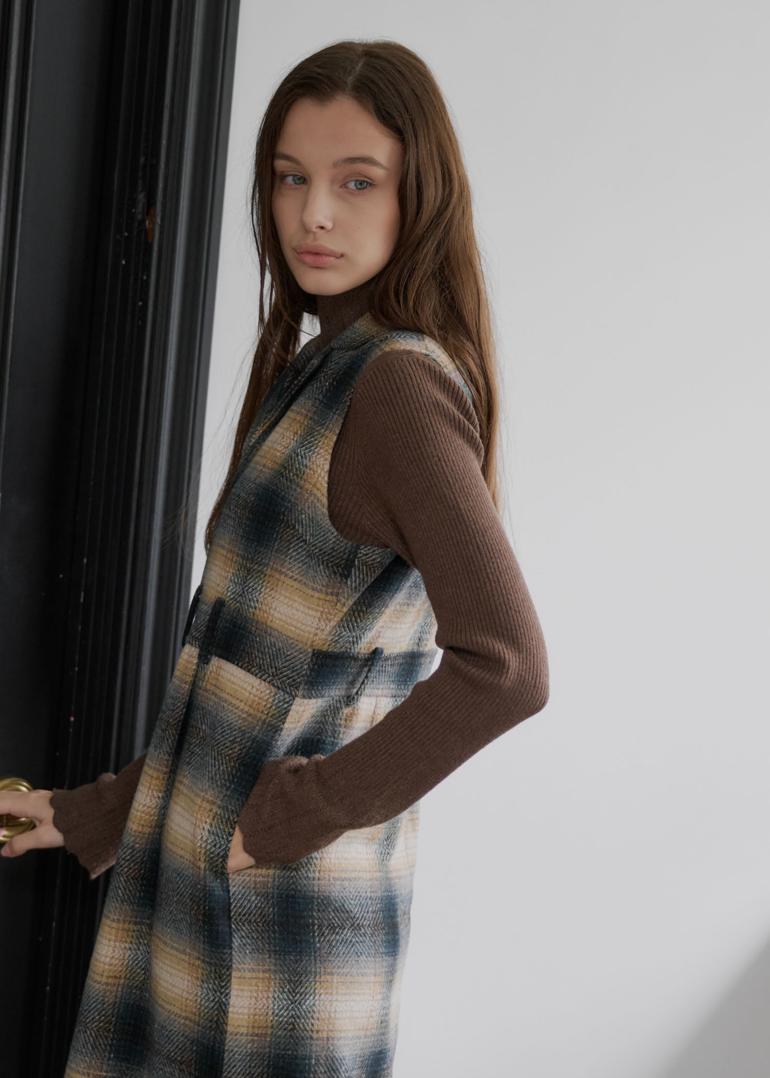 tailored collar no sleeve check OP / テーラード ノースリーブ チェックワンピース (グリーン) / 25AW /