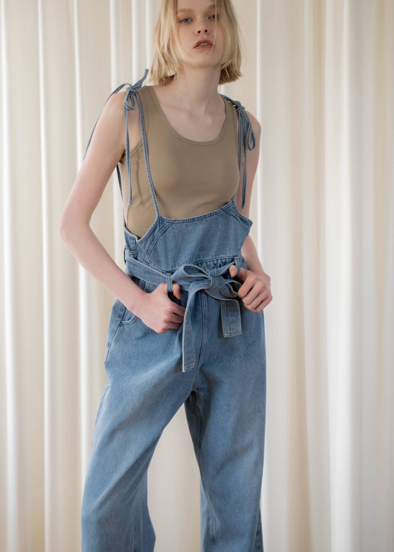 デニム リボンサロペット (ブルー) denim tapered ribbon salopette (Blue) /  26SS