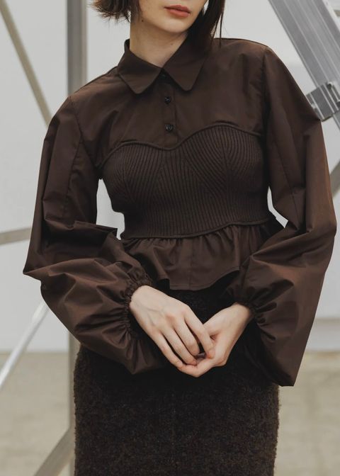 knit bustier docking peplum BL / ニットビスチェ ドッキングペプラムブラウス (ブラウン) / 25AW