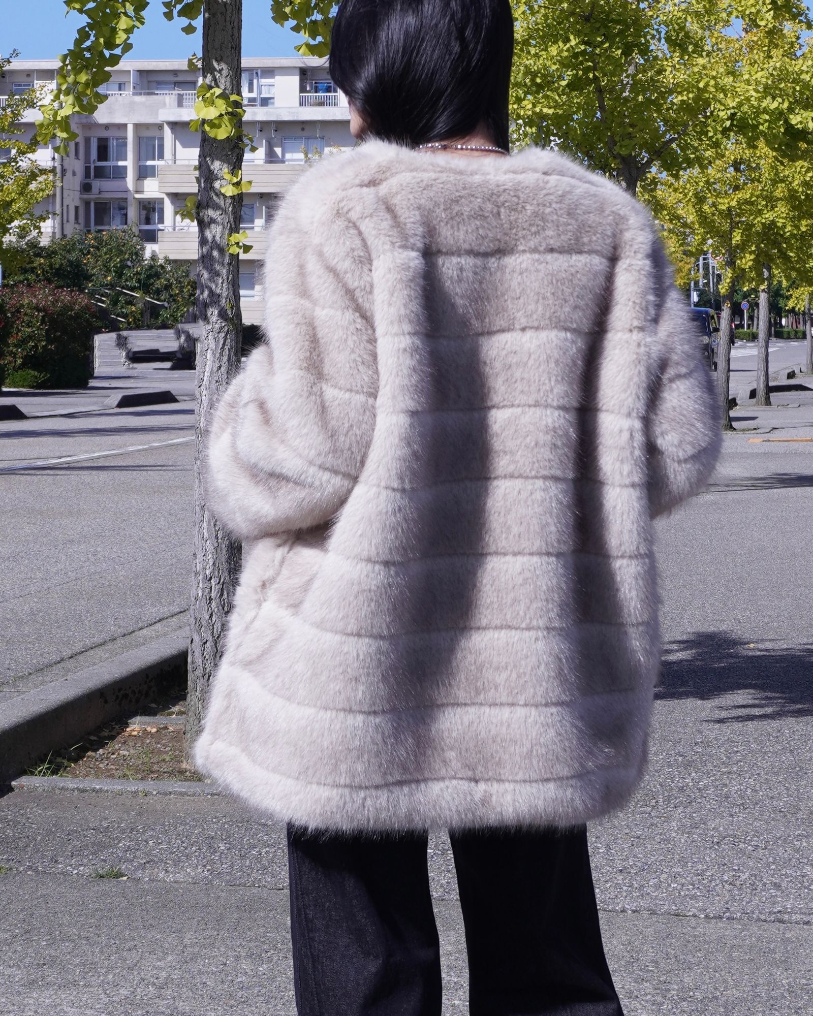 【25AW】Border Fur Coat (グレージュ) / ボーダーファーコート / エコファー / フェイクファー