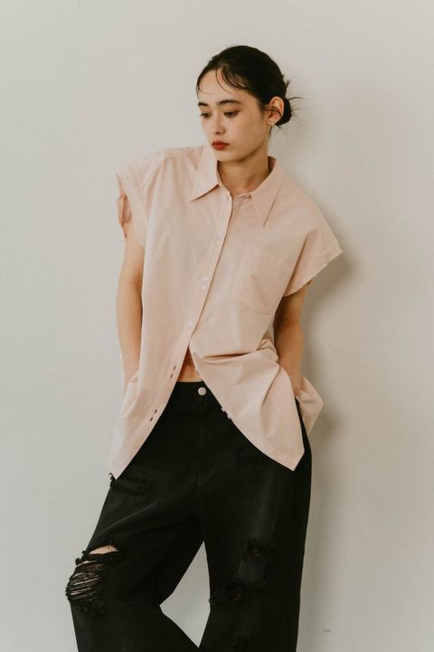 stripe label nosleeve shirt / ストライプ ラベル ノースリーブ シャツ (ピンク) / 25SS