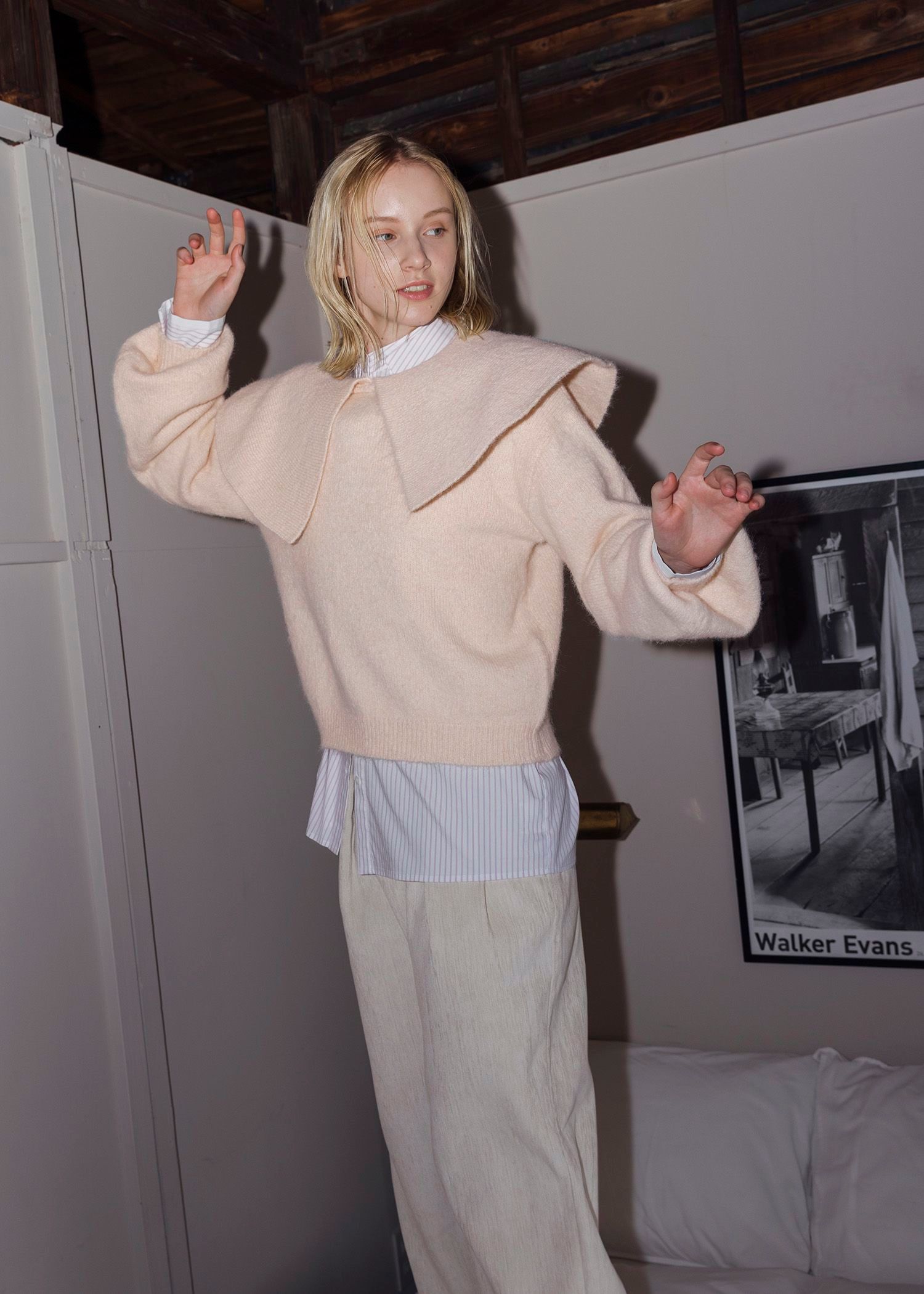 overlay big collar volume sleeve knit / ビッグカラー ボリュームスリーブニット (ベビーピンク) / 25AW /