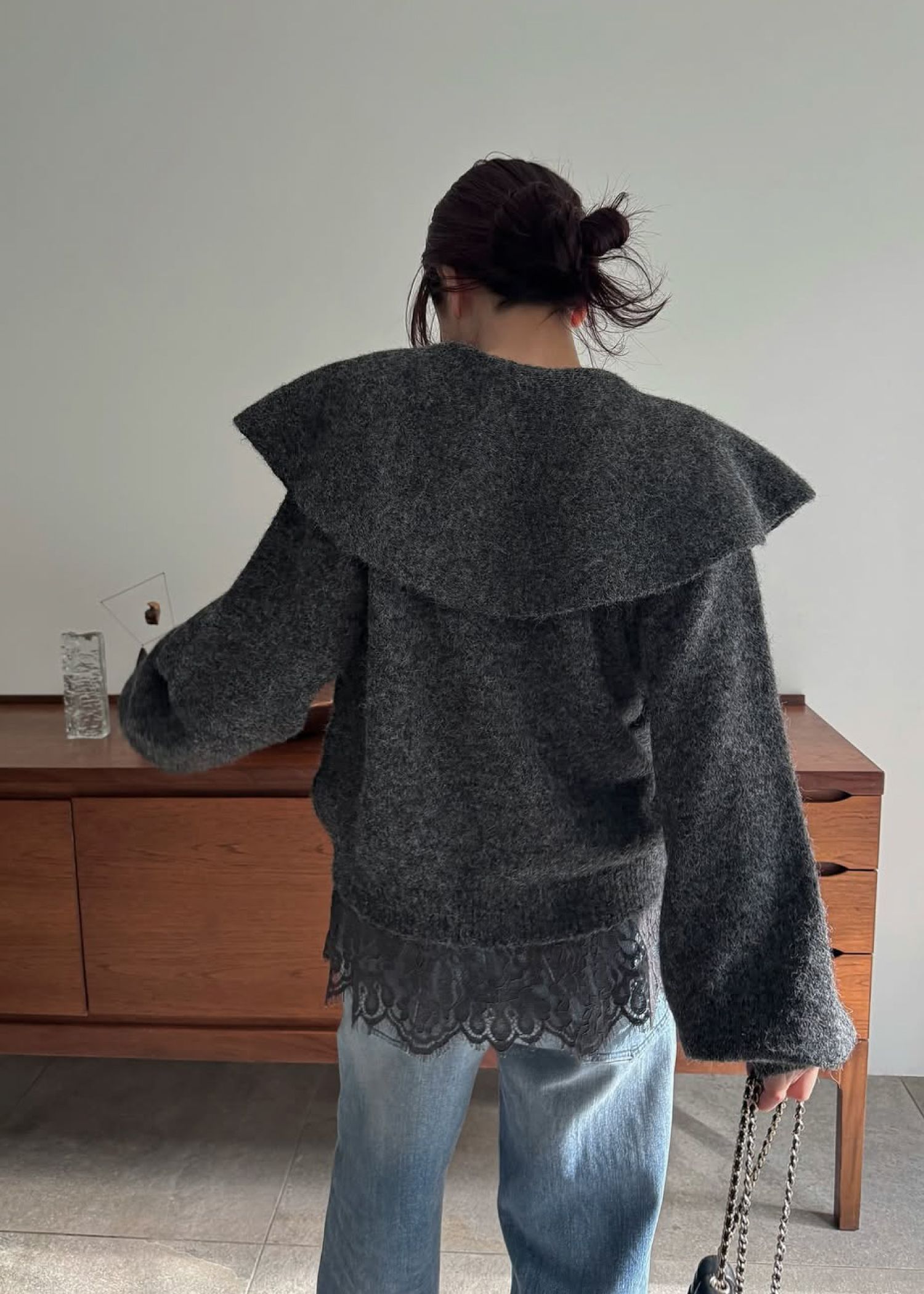 overlay big collar volume sleeve knit / ビッグカラー ボリュームスリーブニット (チャコール) / 25AW /