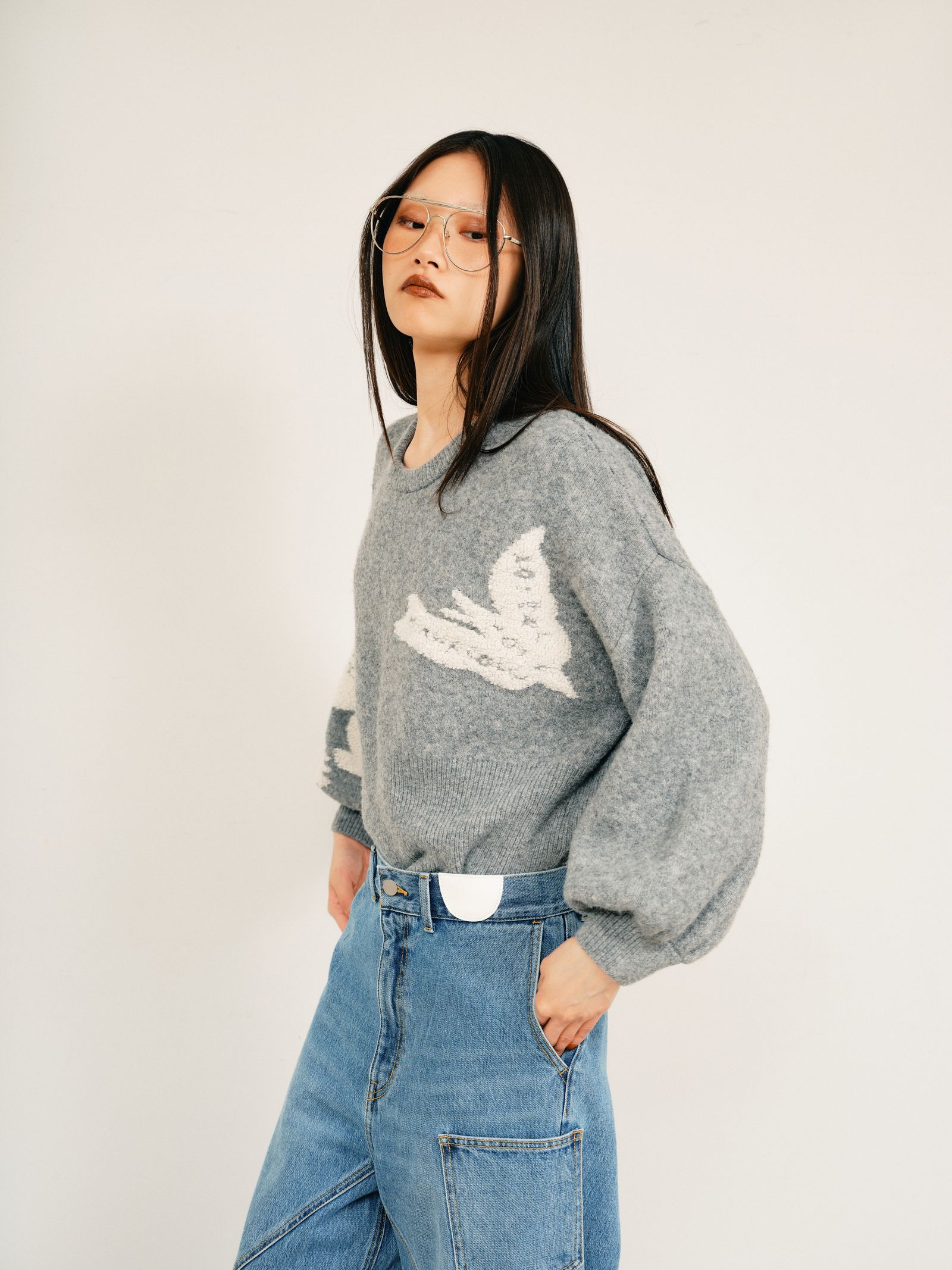 【BF割引対象12/2まで】Illustration jacquard knit top / イラストジャガードニットトップス (グレー) / 25AW