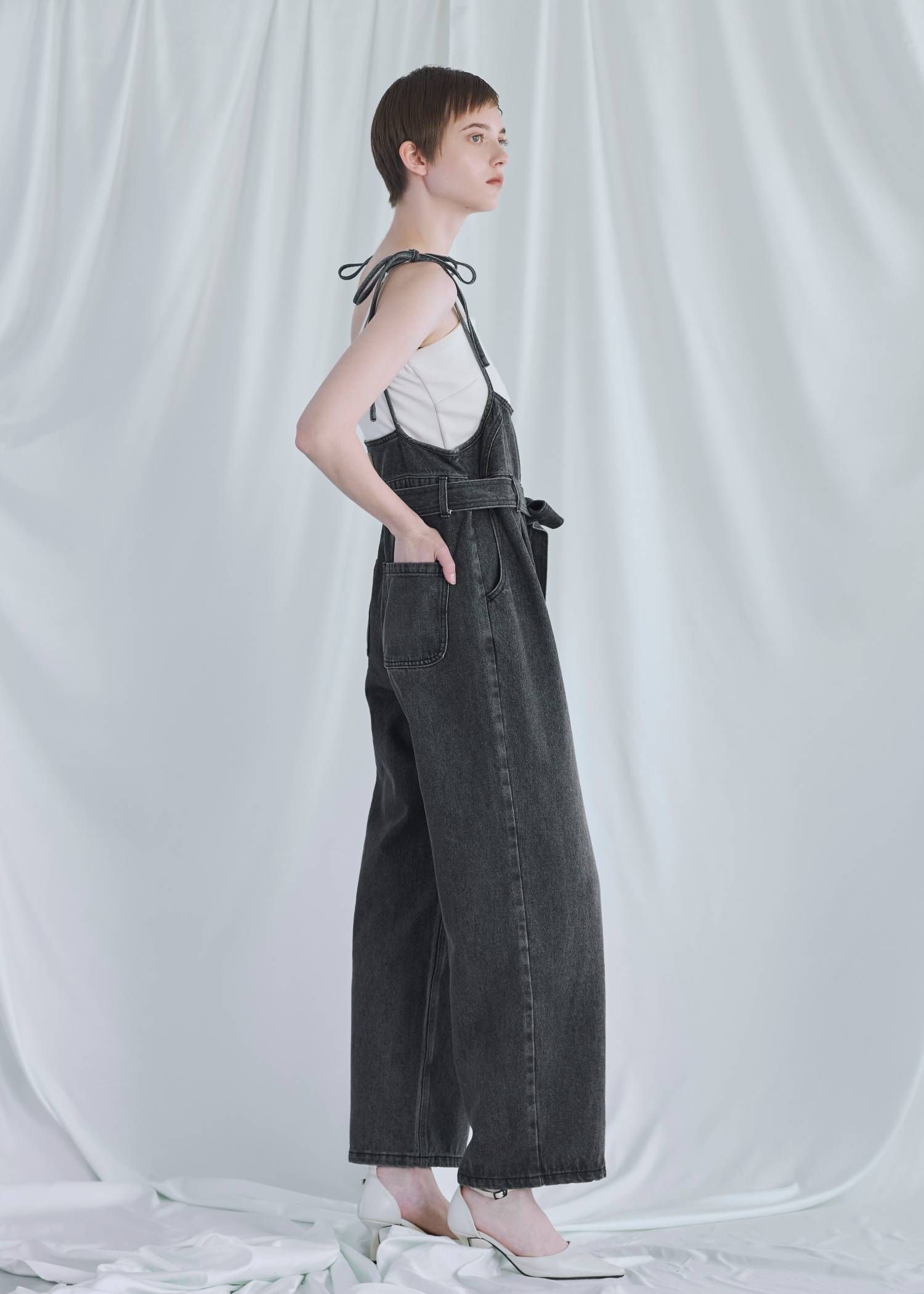 デニム リボンサロペット (ブラック) denim tapered ribbon salopette (Black) /  26SS