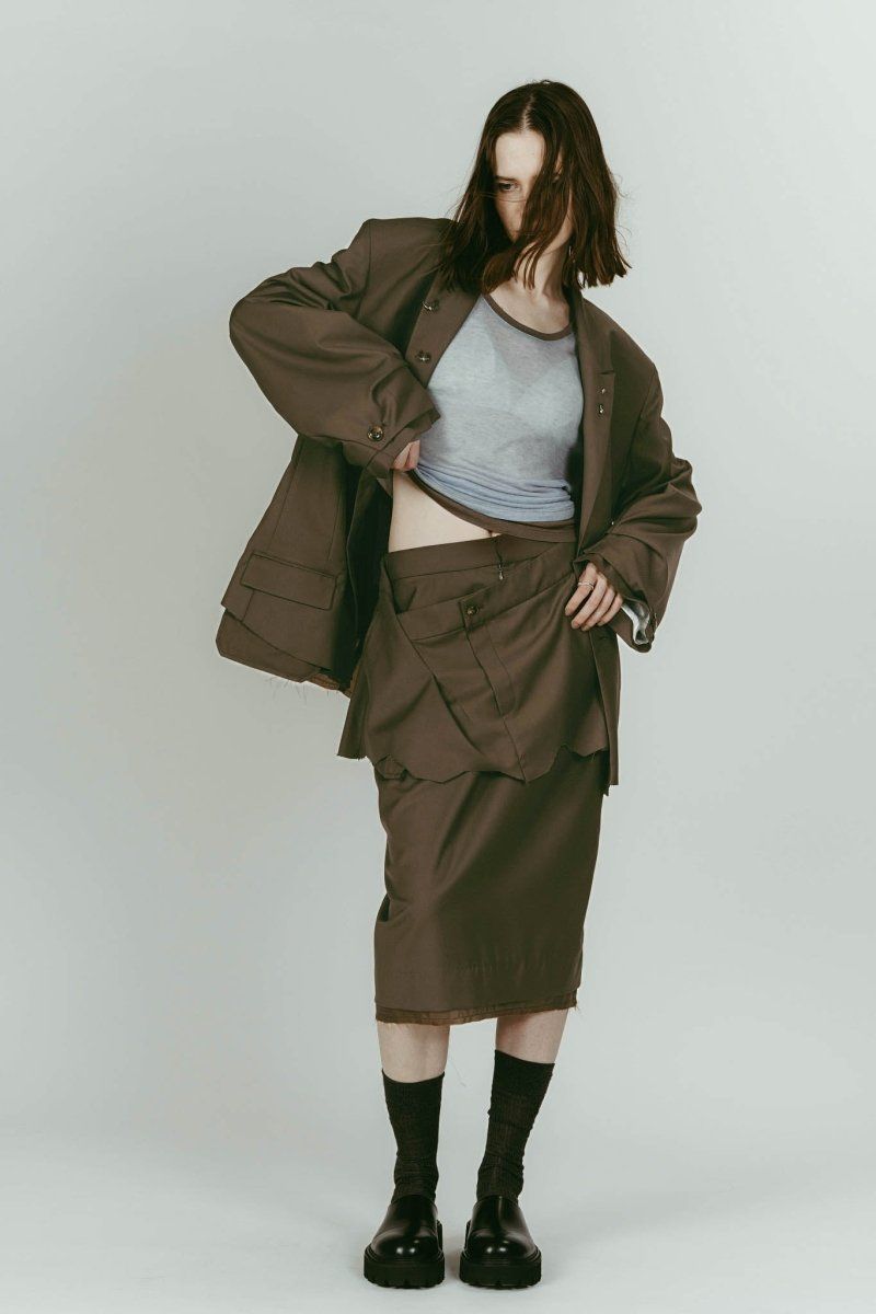 cut layered mid length skirt (Brown) / レイヤード ミディアム丈スカート (ブラウン) / 26SS