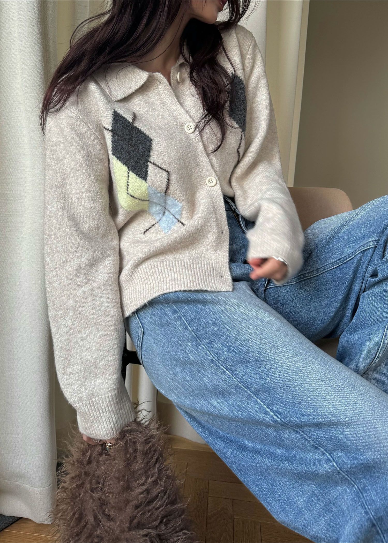 chic soft touch argyle knit cardigan / ソフトタッチ アーガイルニットカーディガン (ベージュ) / 25AW /