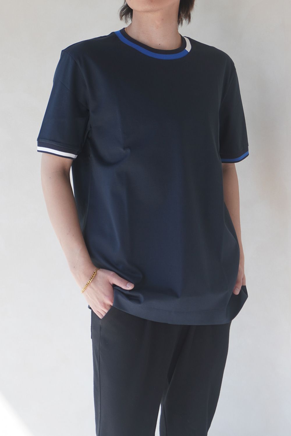【BOSS】トリコロールリブ Tシャツ (ダークブルー)