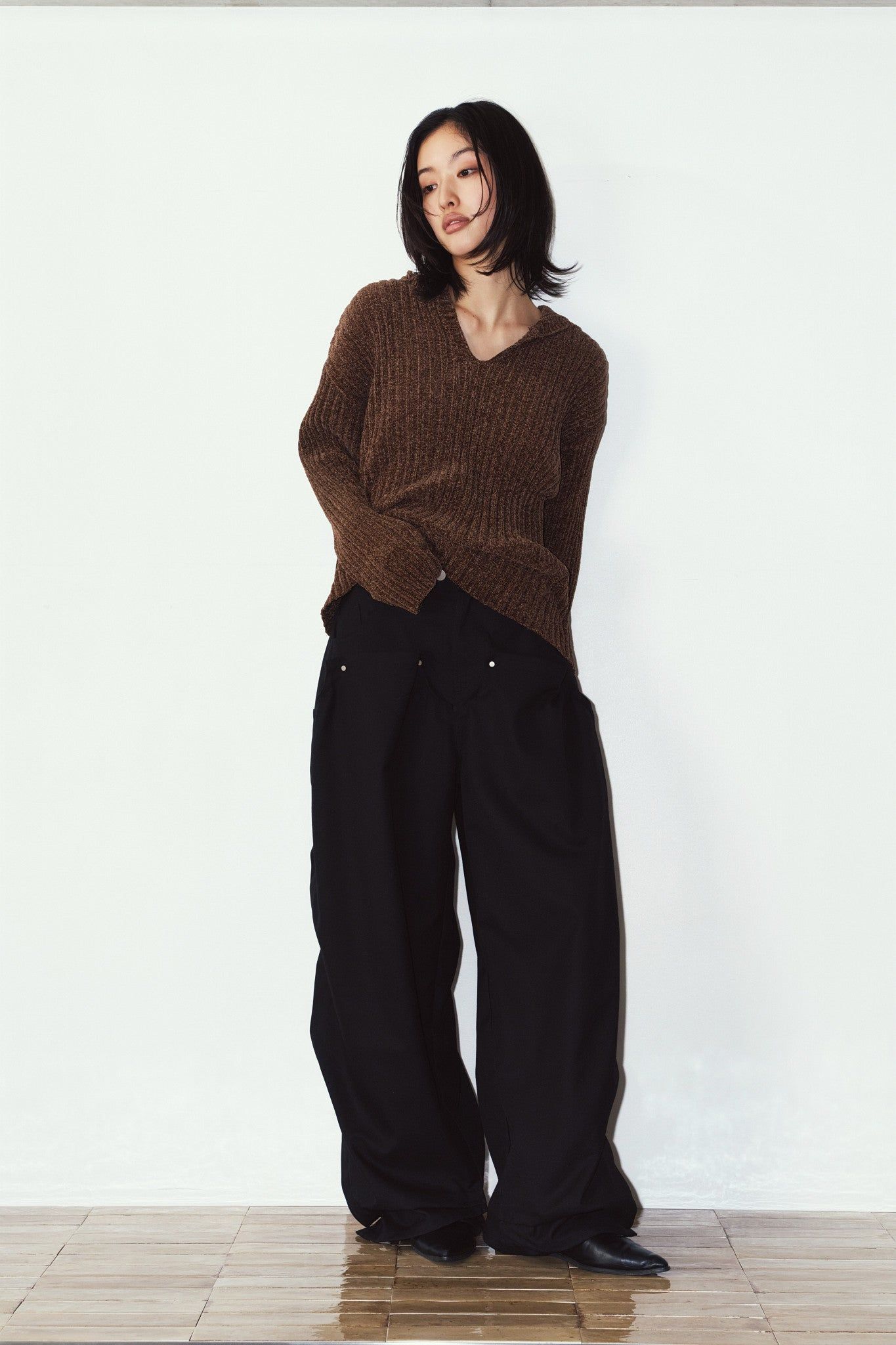 ブークレ ニット フーディ (ブラウン) rib hoodie boucle knit (Brown) / 26AW