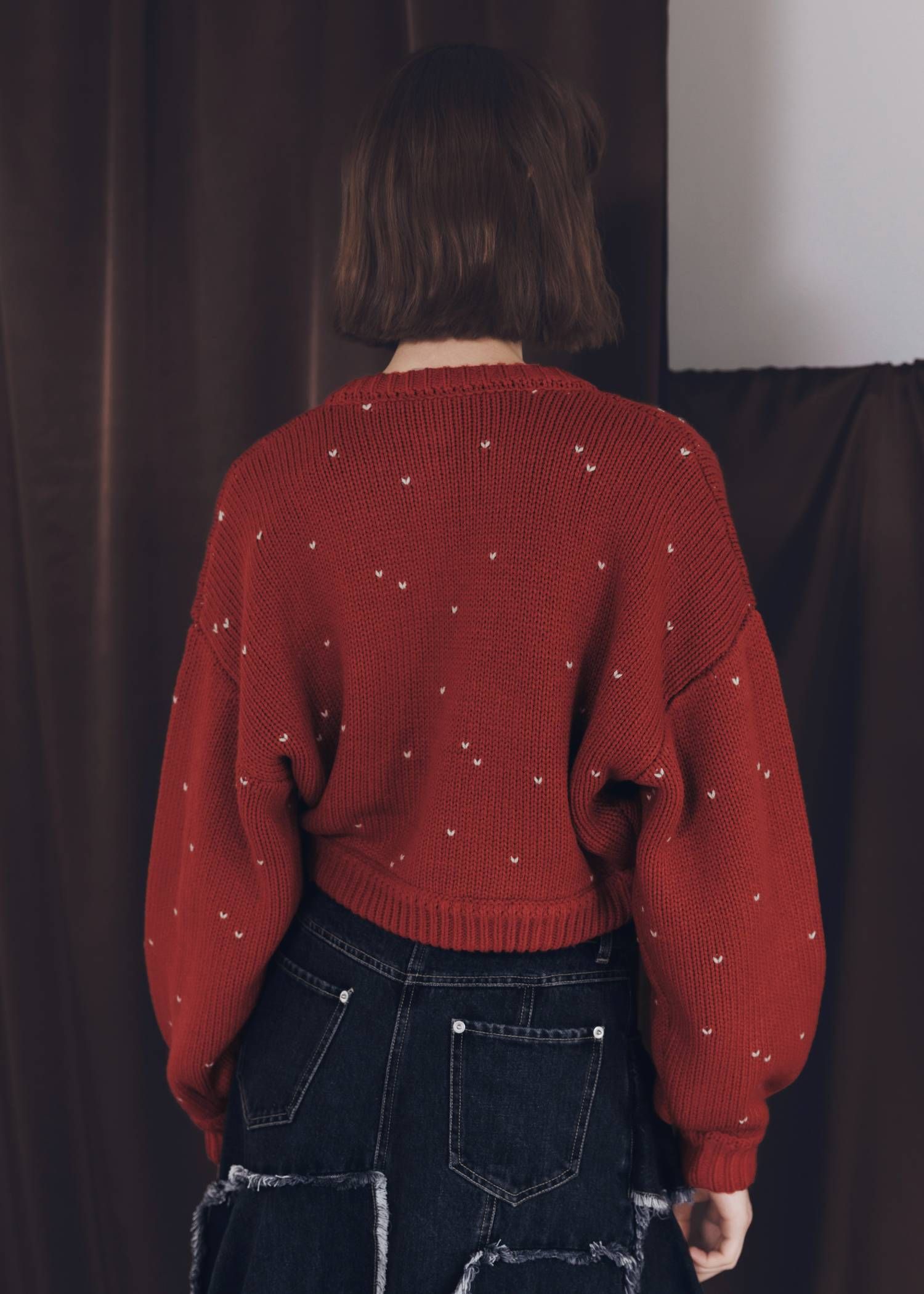 【ショート】ハートドット リバーシブルカーディガン (レッド×タン) short heart dot jacquard reversible knit cardigan (red×tan) /  26SS