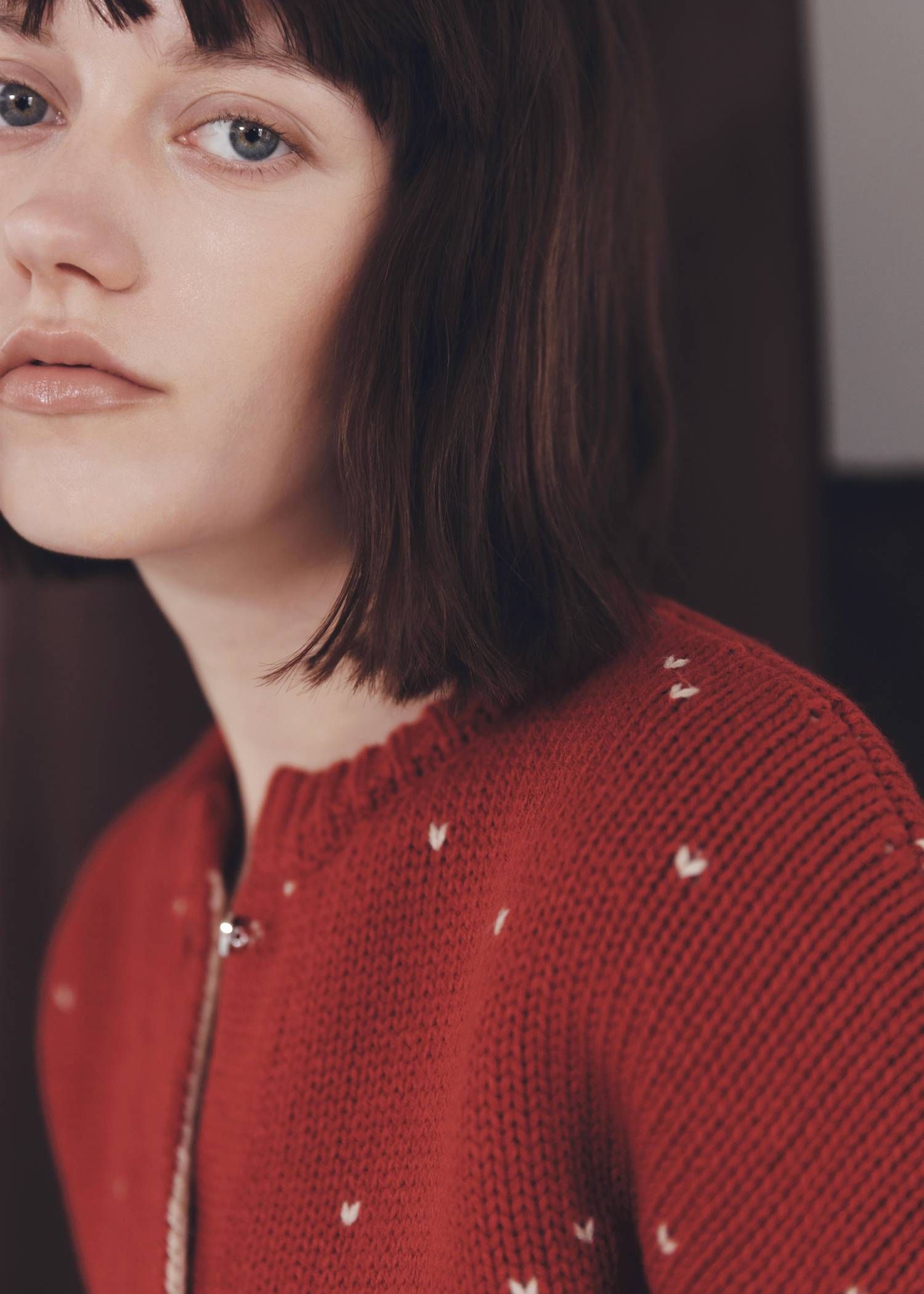 【ショート】ハートドット リバーシブルカーディガン (レッド×タン) short heart dot jacquard reversible knit cardigan (red×tan) /  26SS