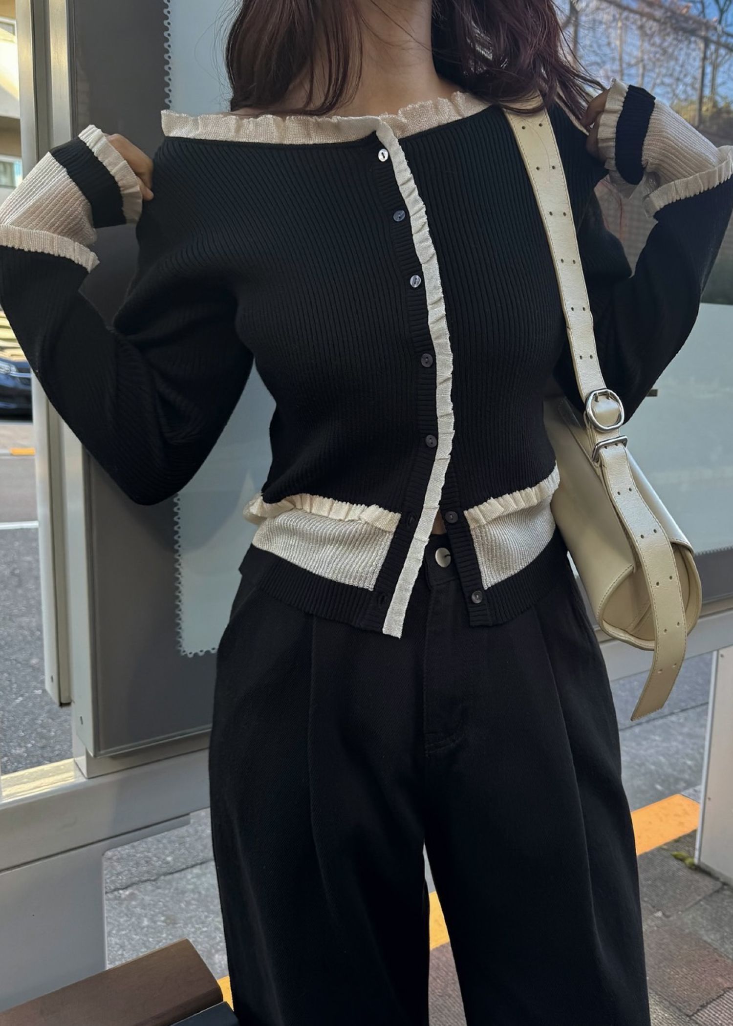 partial sheer frill knit cardigan / シアーフリル ニットカーディガン (Black) / 26SS