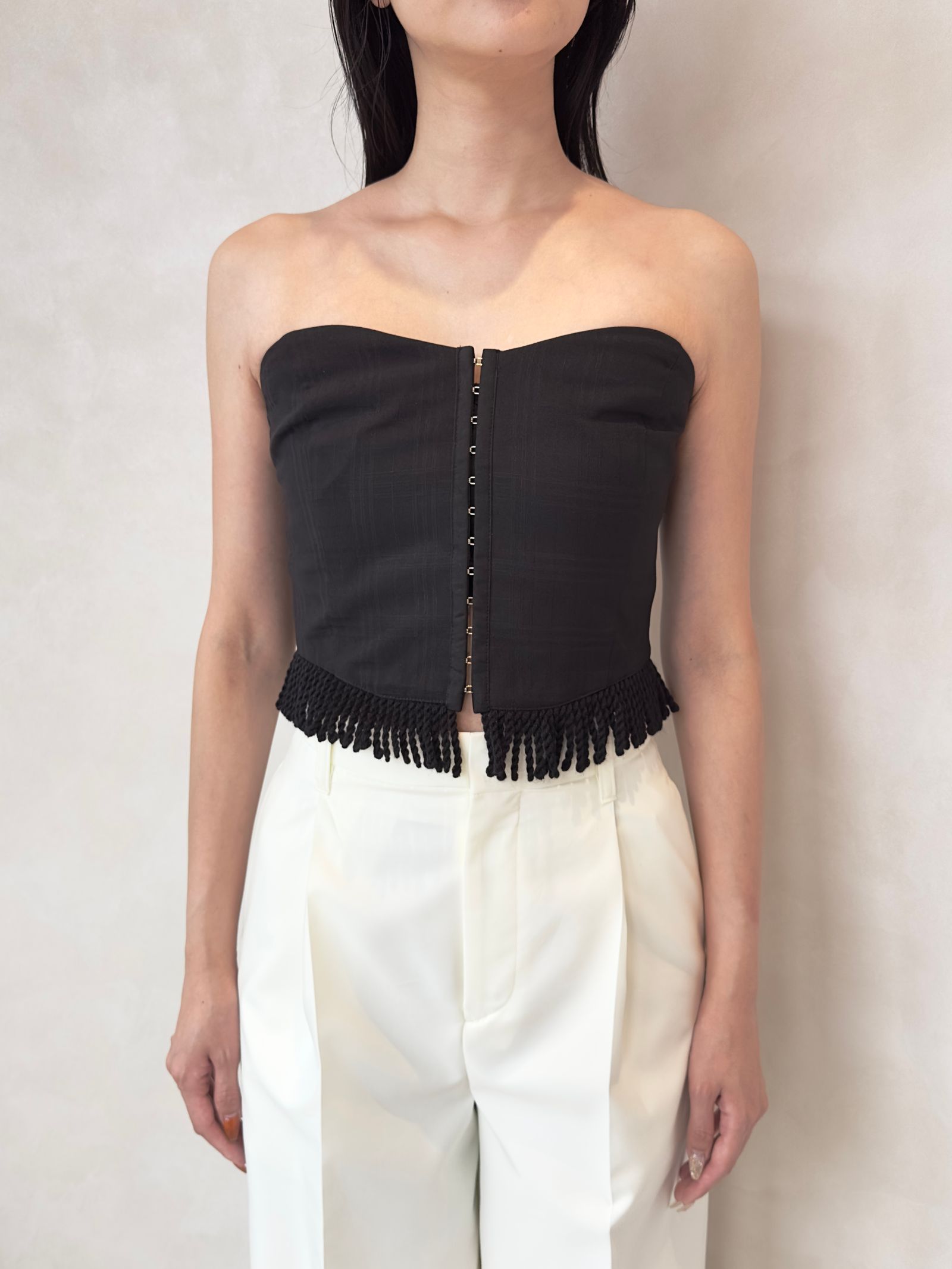 CHECK FRINGE BARE BUSTIER (NOIR) / チェックフリンジベアビスチェ ノワール