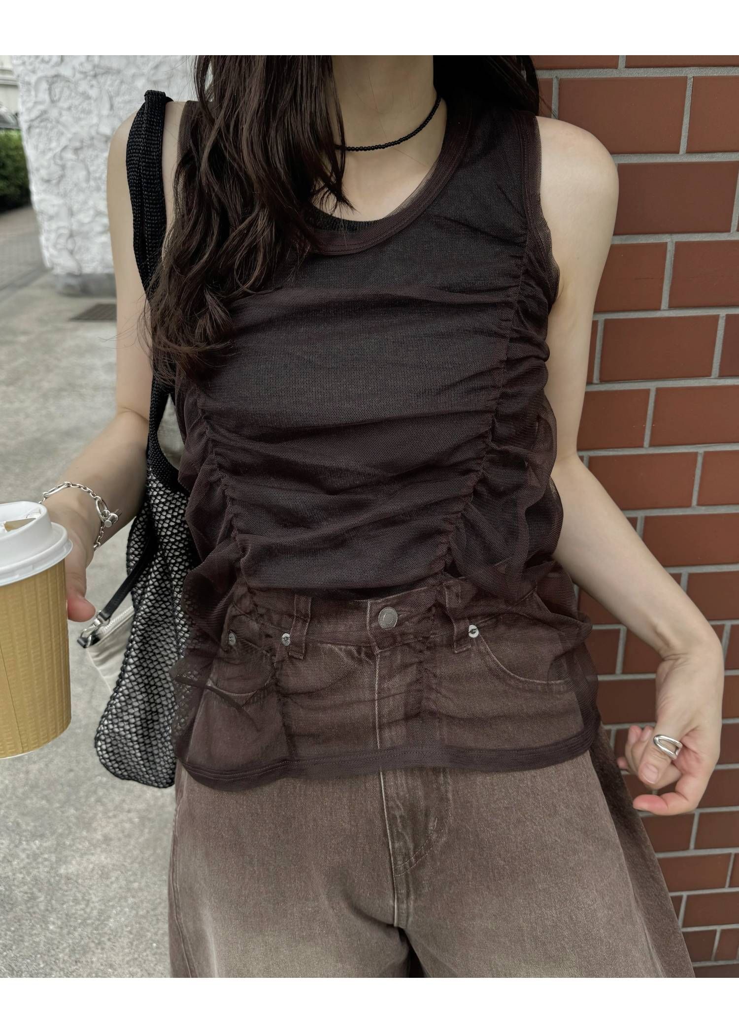 チュールリブタンク (チャコール) gather tulle layered rib tank (Charcoal) /  26SS