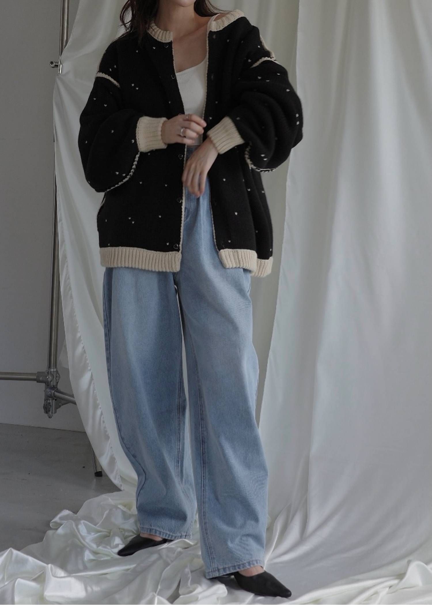 【ロング】ハートドット リバーシブルカーディガン (タン×ブラック) long heart dot jacquard reversible knit cardigan (tan×black) /  26SS