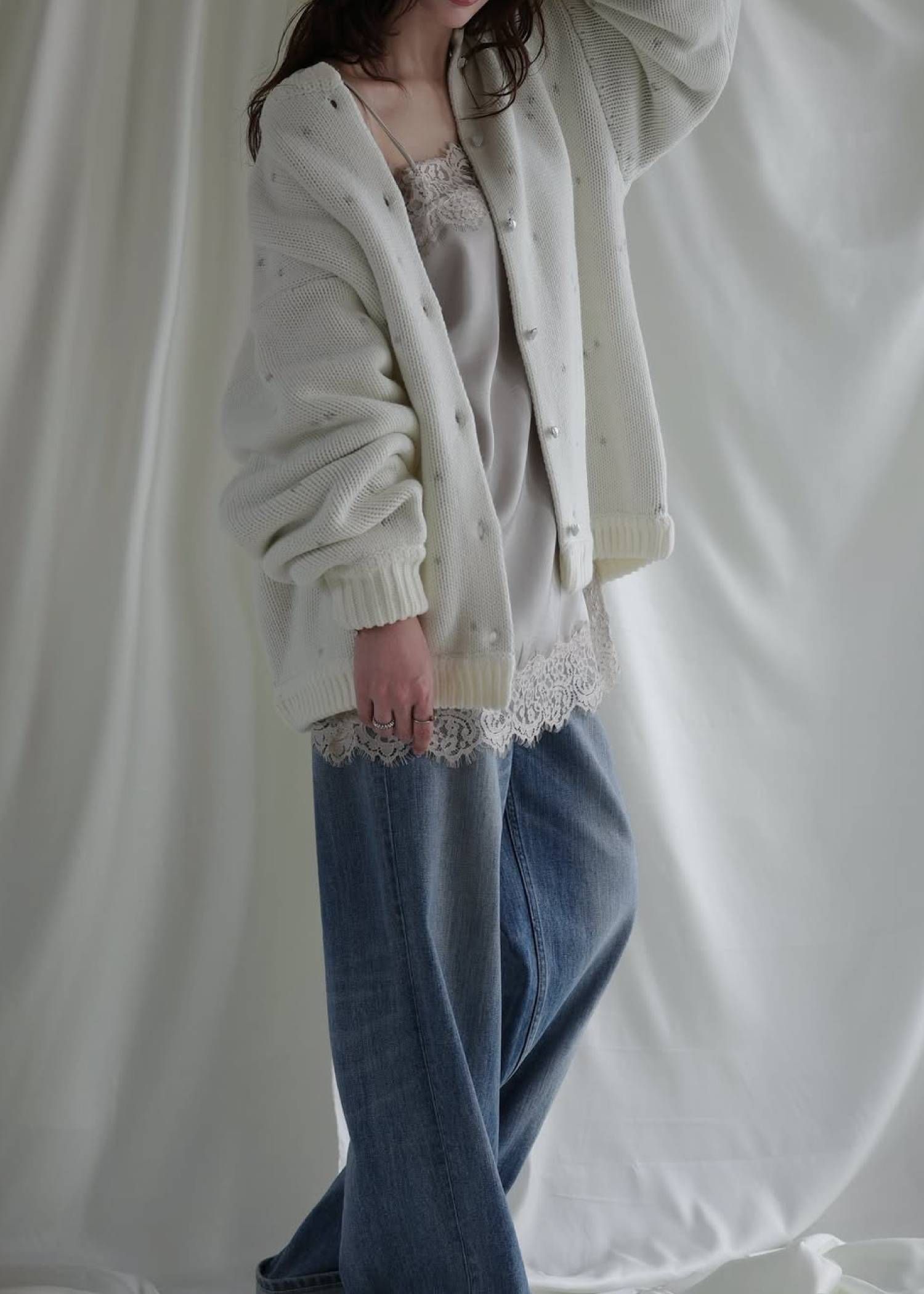 【ロング】ハートドット リバーシブルカーディガン (アイボリー×アイス) long heart dot jacquard reversible knit cardigan (ivory×ice) /  26SS