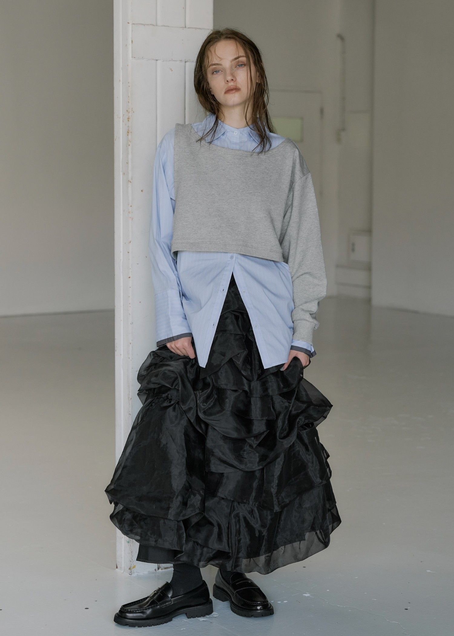 asymmetry 2 piece layered sweat / 2ピースレイヤードスウェット (グレー) / 25AW /