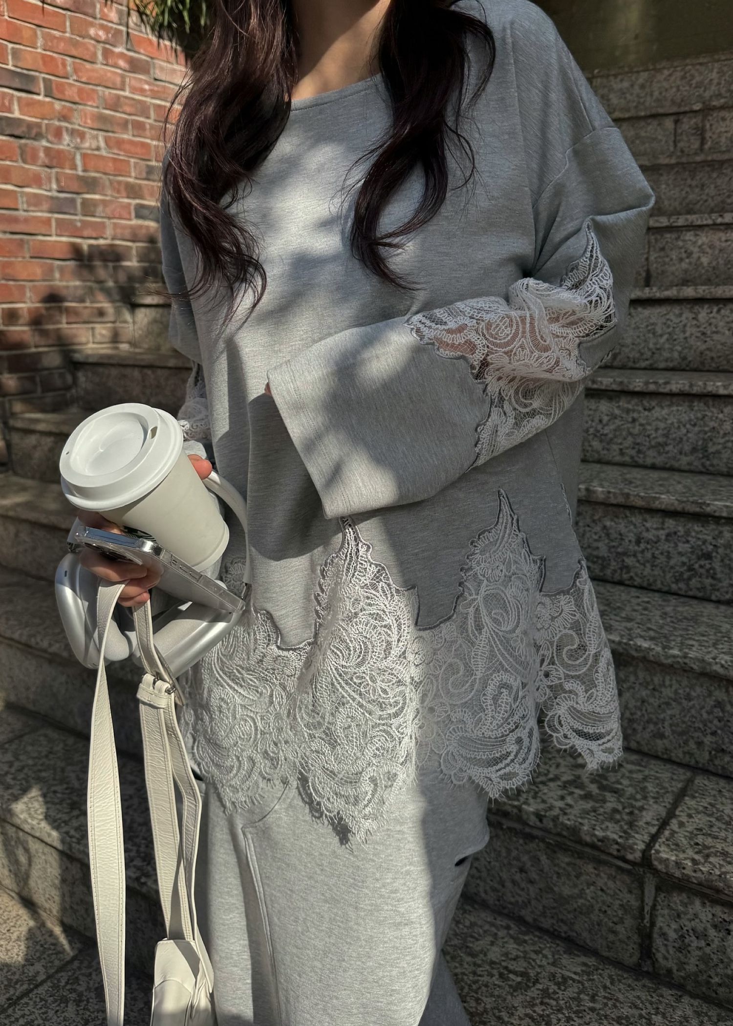 scallop lace sheer panel cut & sewn tops / シアーレース カットソートップス (Gray) / 26SS