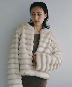 【25AW】Gradation Border Fur Jacket (アイボリー) / グラデーションボーダーファー ジャケット / エコファー / フェイクファー