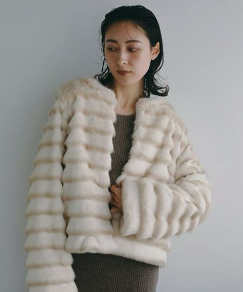 【25AW】Gradation Border Fur Jacket (アイボリー) / グラデーションボーダーファー ジャケット / エコファー / フェイクファー