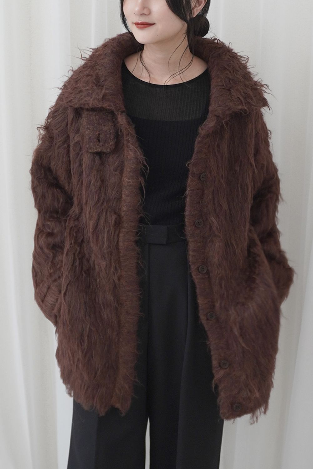 BIG COLLAR KNIT FUR JACKET (CHOCO) / ビッグカラーニットファージャケット チョコ
