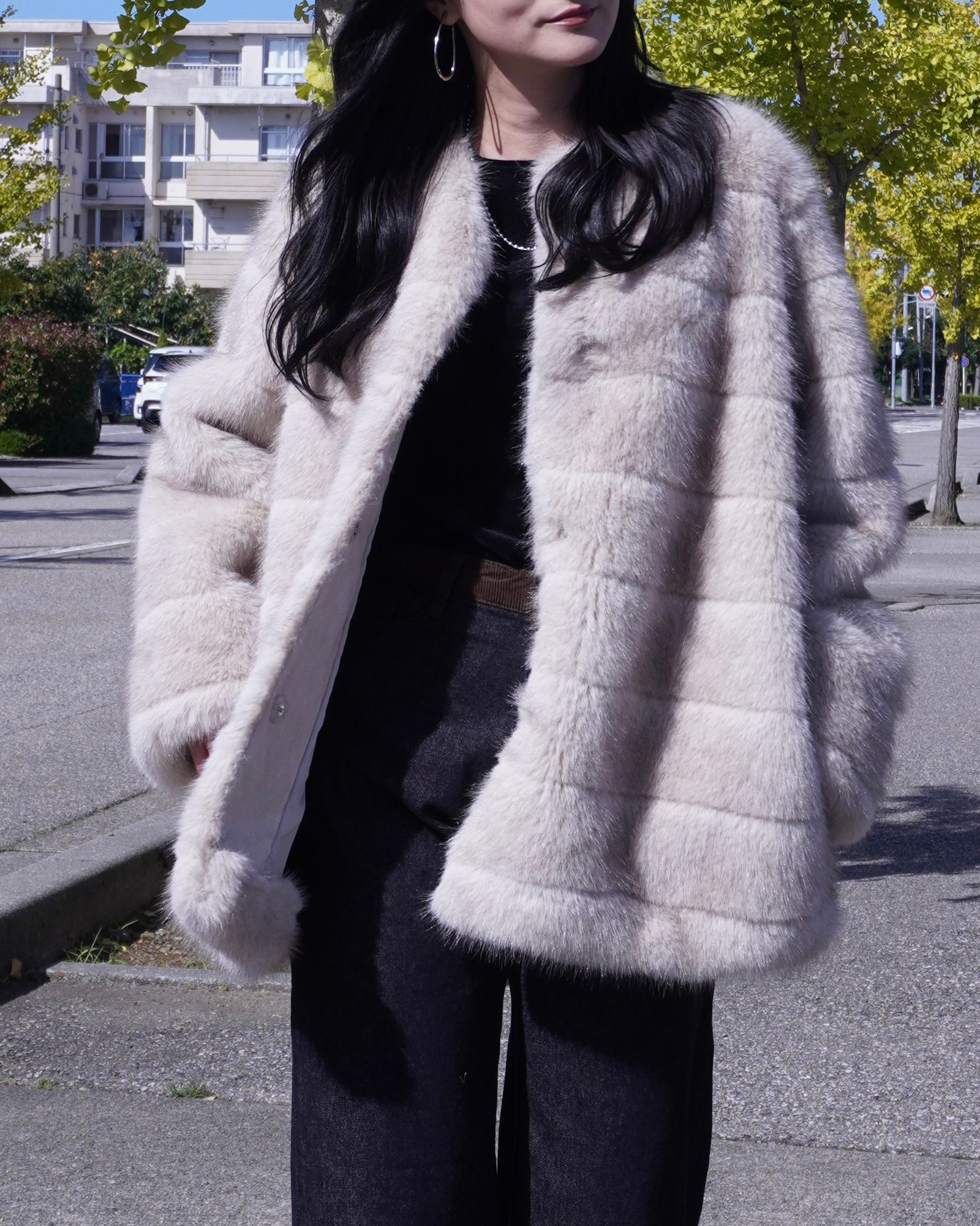 【25AW】Border Fur Coat (グレージュ) / ボーダーファーコート / エコファー / フェイクファー