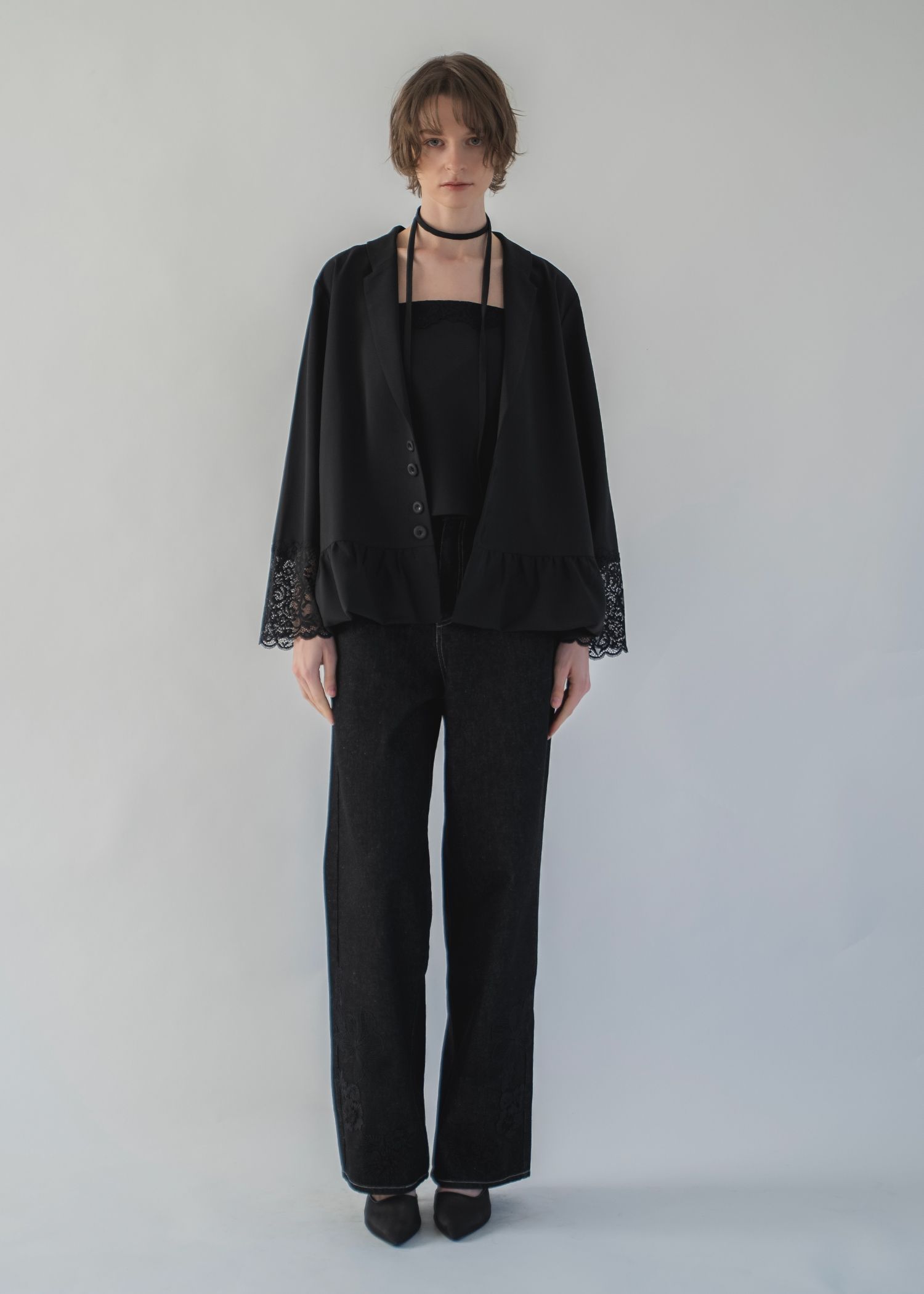 lace embellished hem straight denim PT / レース ストレートデニムパンツ (Black) / 26SS