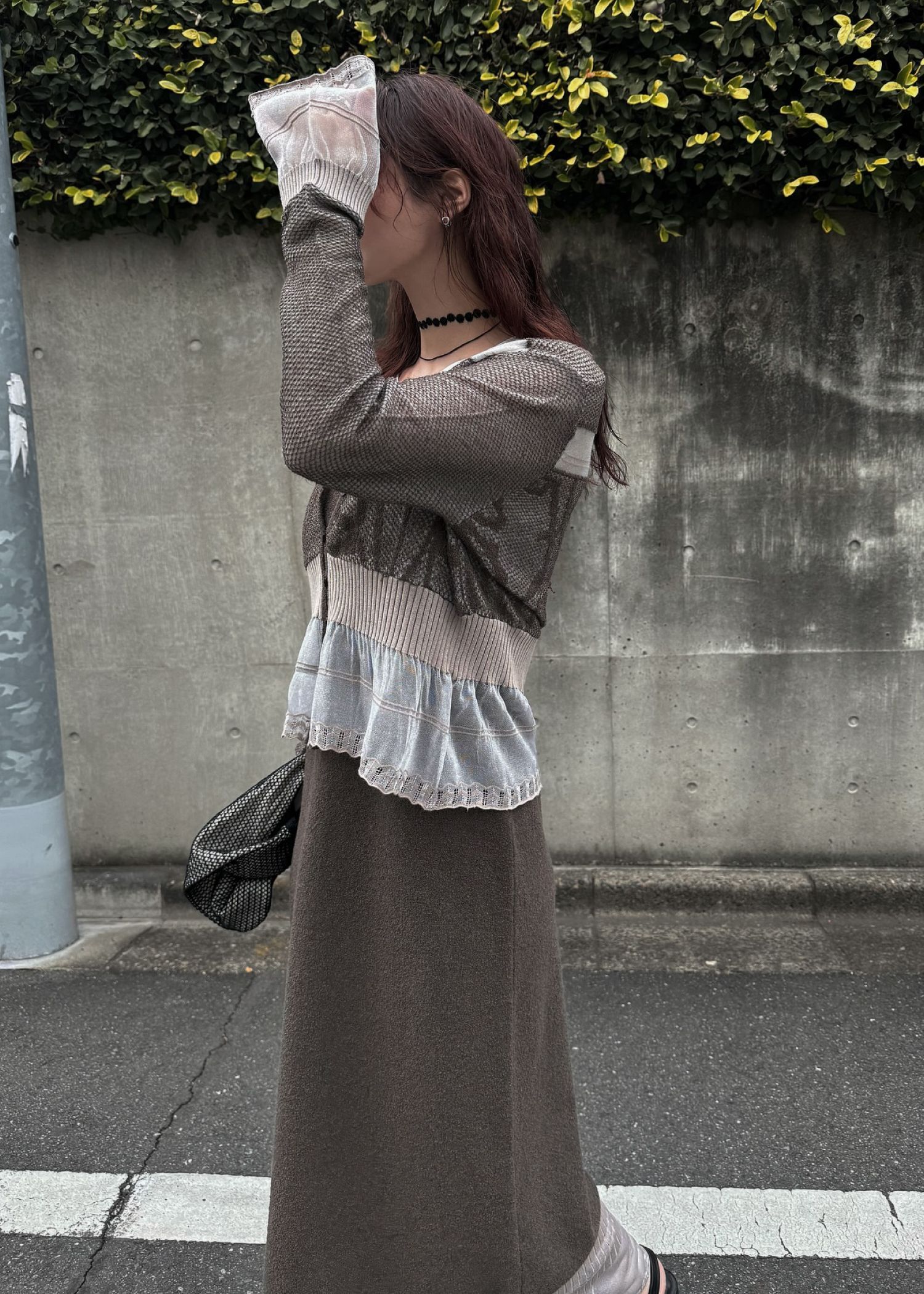 ジャガードパターン シアーカーディガン (カフェモカ) jacquard pattern sheer knit cardigan (Caffe mocha) /  26SS