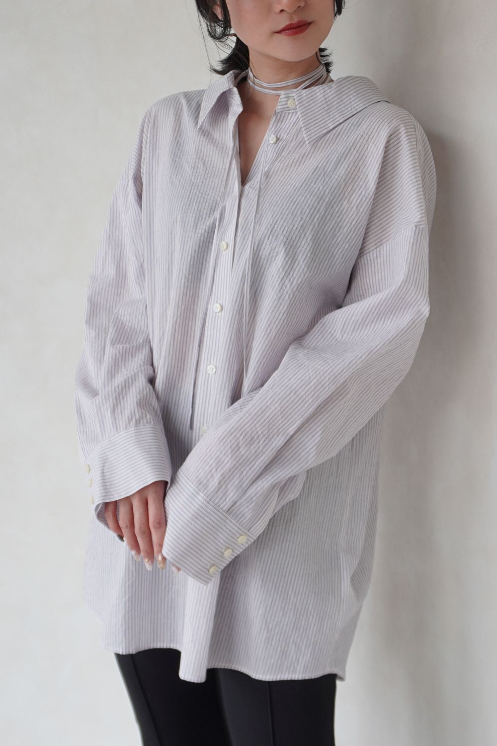 WRINKLE STRIPE MANY WAY SHIRTS / リンクル ストライプ メニーウェイ シャツ (WHITE)