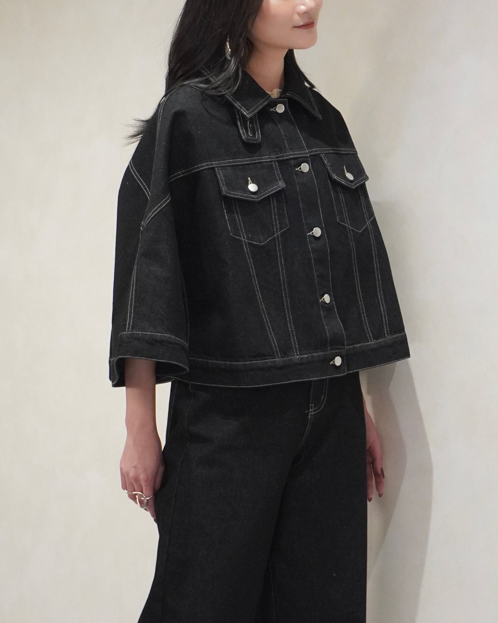 trucker detail denim poncho JK / トラッカー ポンチョ デニムジャケット (Black) / 26SS