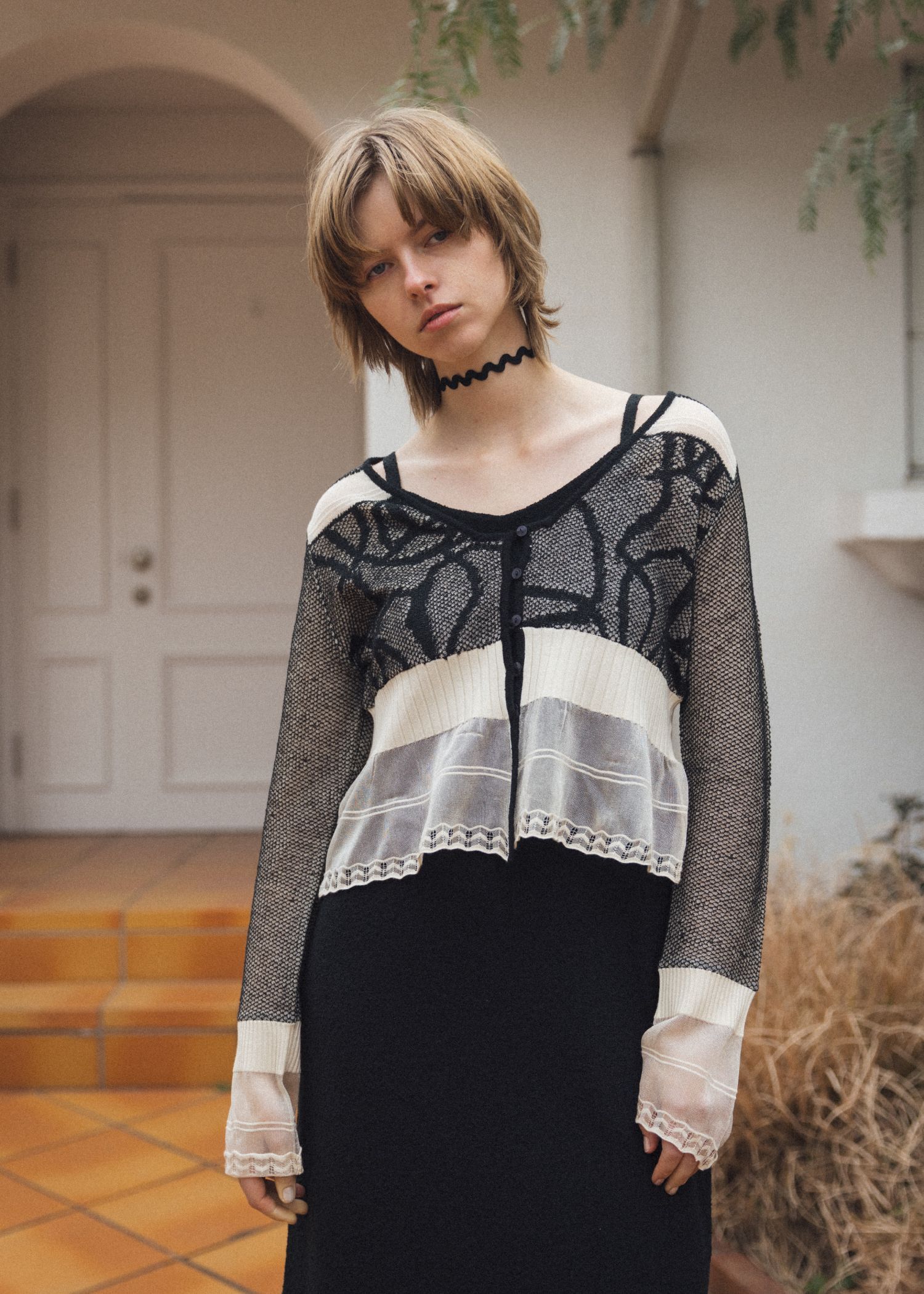 ジャガードパターン シアーカーディガン (ブラック) jacquard pattern sheer knit cardigan (Black) /  26SS