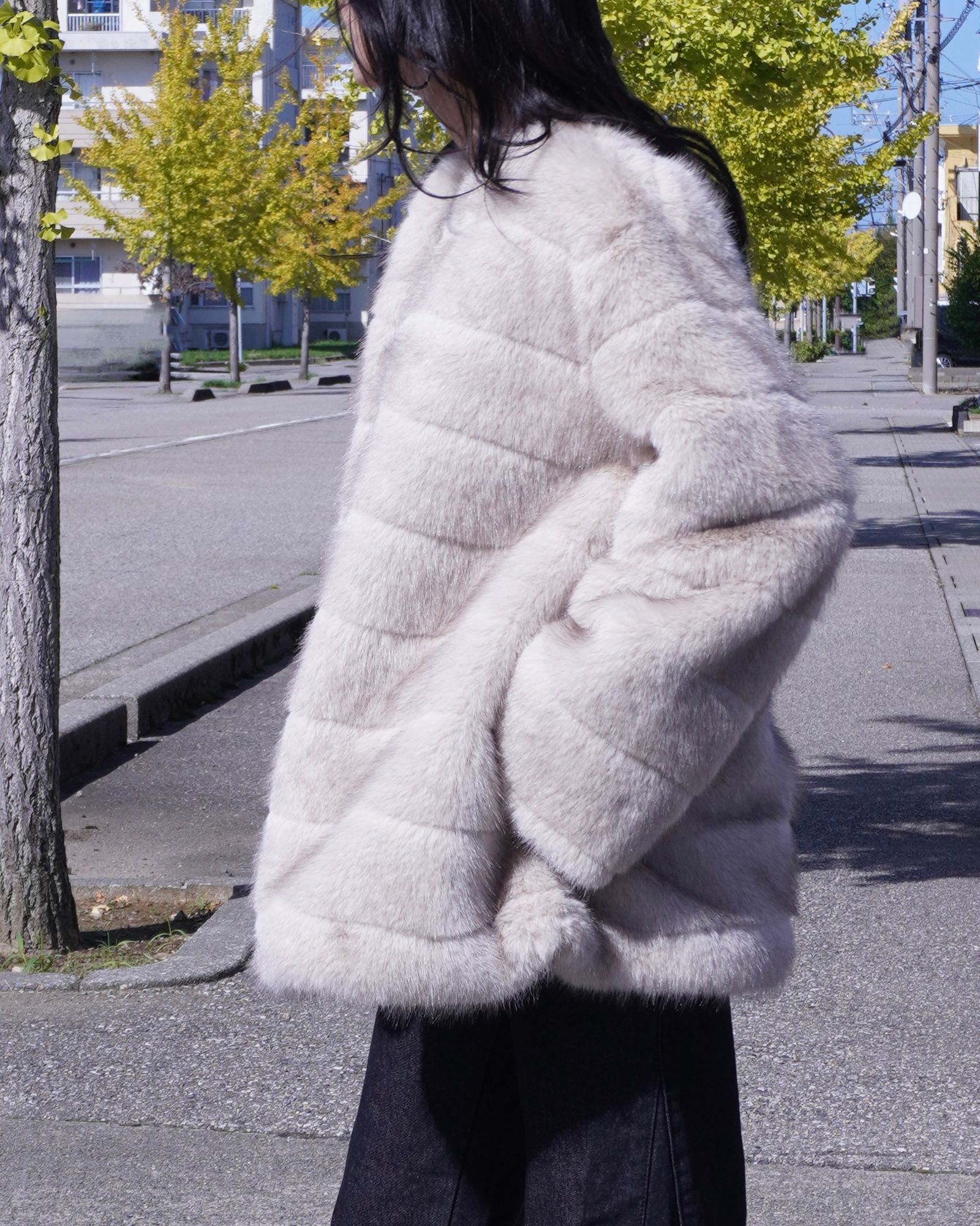 【25AW】Border Fur Coat (グレージュ) / ボーダーファーコート / エコファー / フェイクファー