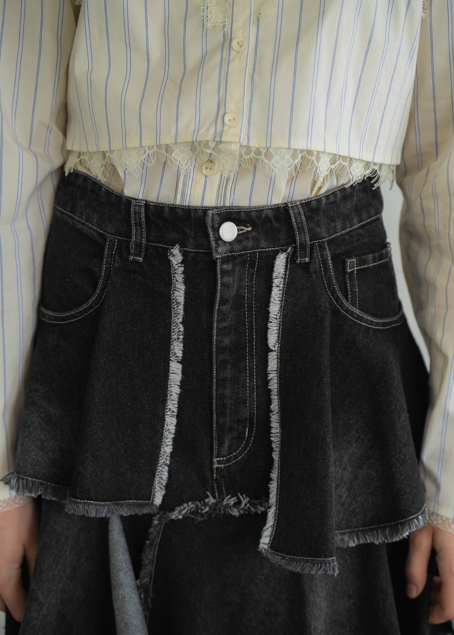 ランダム ティアードフリル デニムスカート (ブラック) random tiered frill denim SK (Black) /  26SS