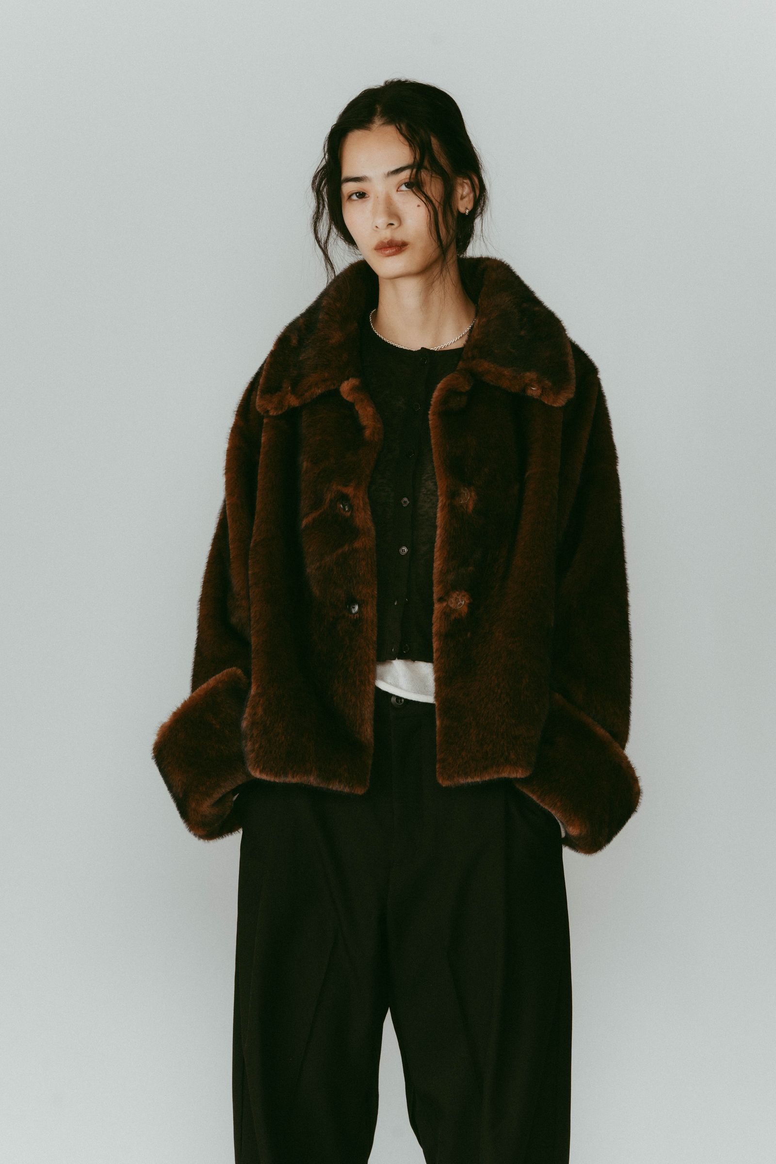 point collar fur coat / ポイントカラー ファーコートジャケット (ブラウン) / 25AW