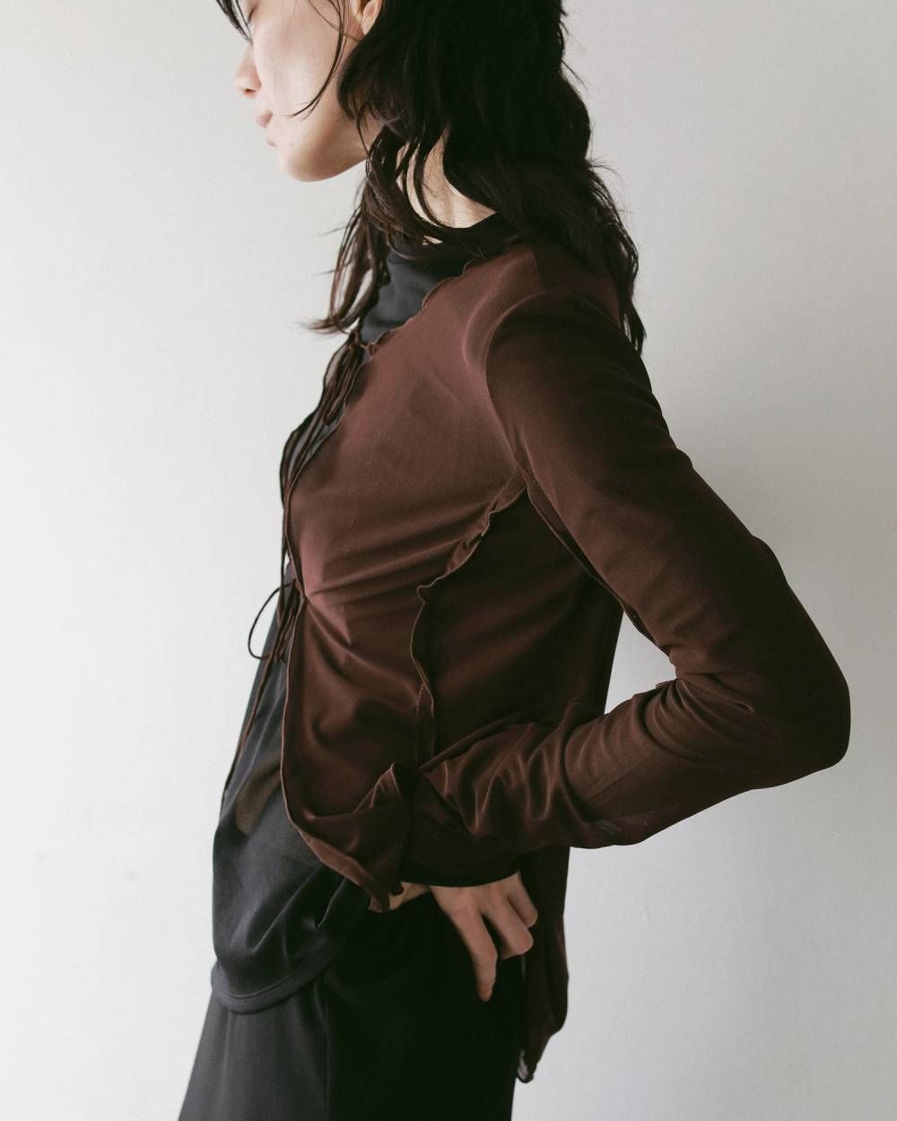 シアーチュールカーディガン (ブラウン) Sheer Tulle Cardigan (Brown) / 27SS