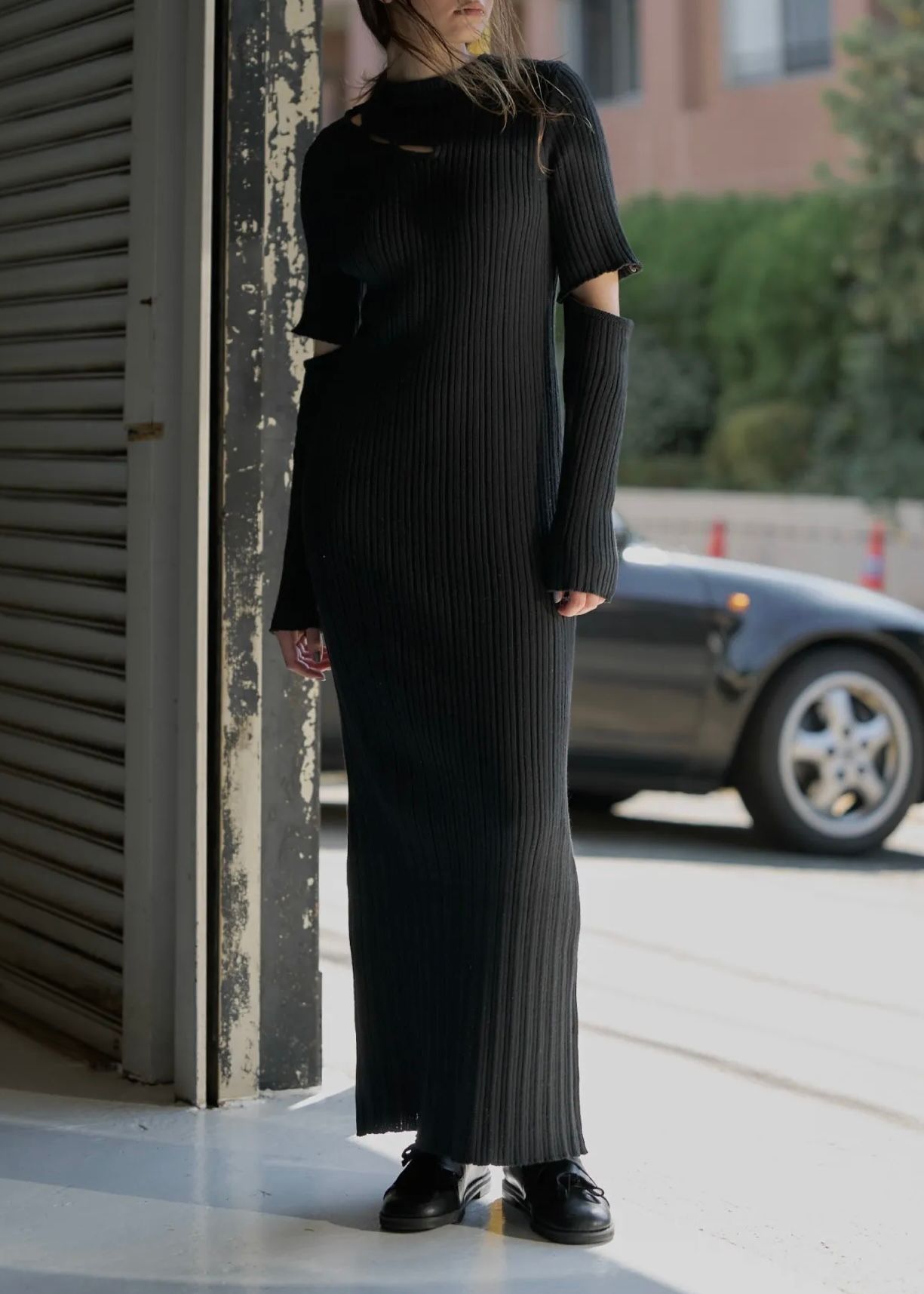 random rib removable sleeve knit OP / ランダムリブ ワンピースドレス (ブラック) / 25AW